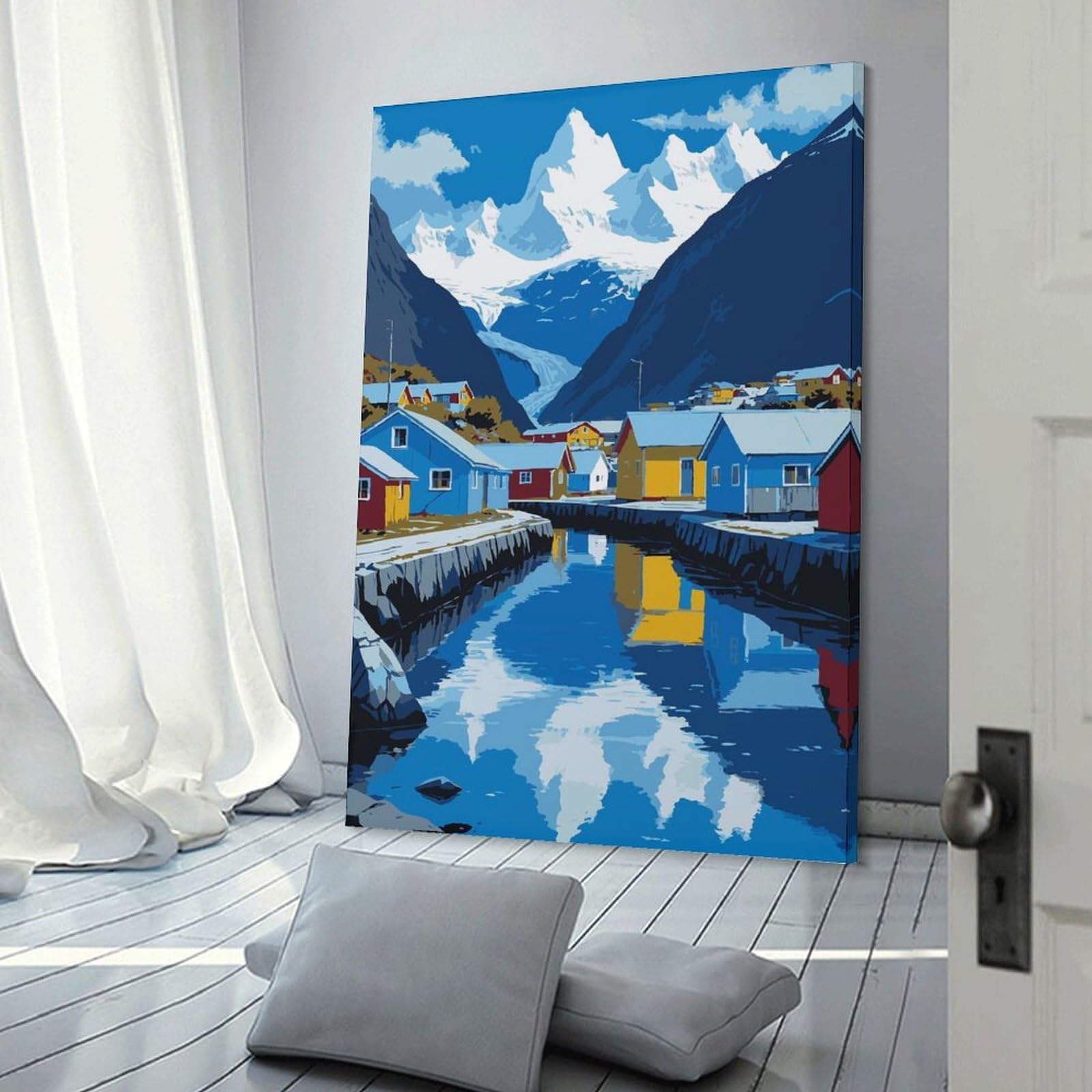 Junmoney Colorful Village by Glacier Landscape Art Hanging Wall Art 20x30inch(50x75cm), for Small Homes, Bedrooms Or Open Spaces, Decorative Canvas Decor for Home Updates