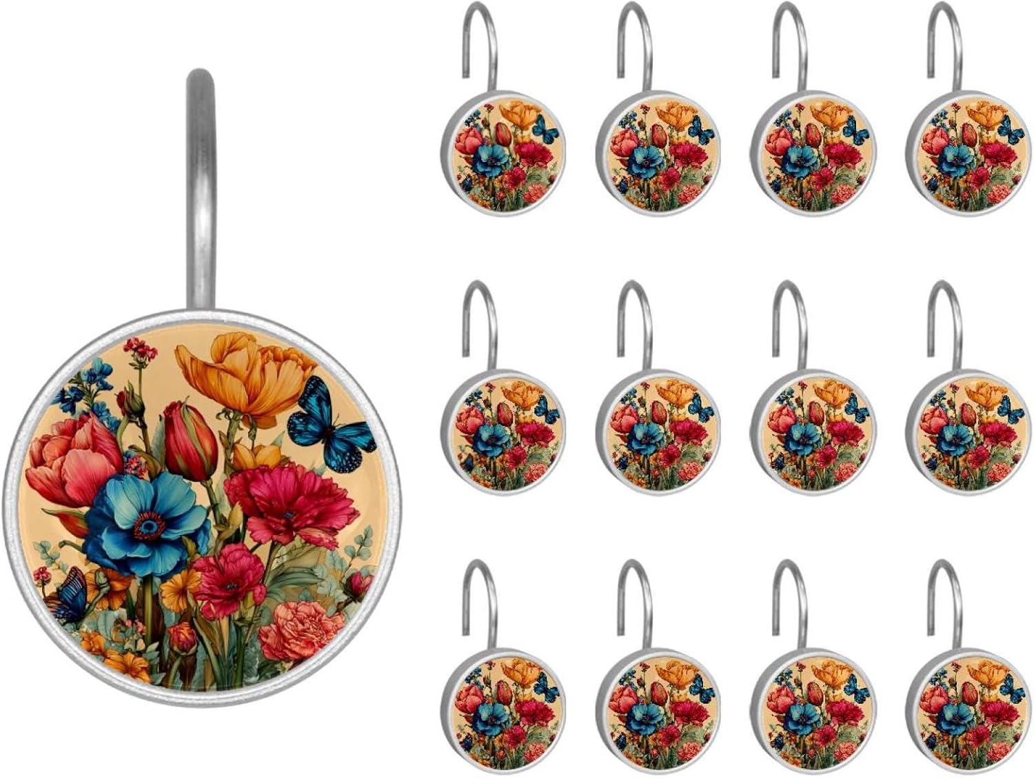 Colorful Flowers and Butterflies (3) Crystal Glass Shower Curtain Hooks Rings Decorative Bathroom Decor - Set of 12