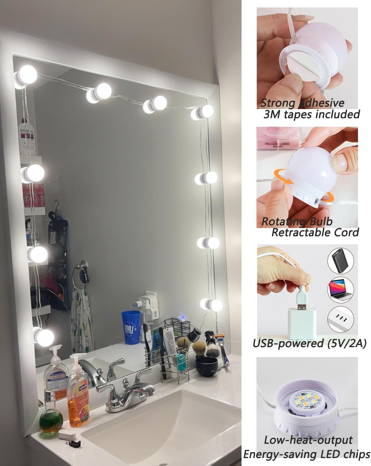 LED Vanity Lights - Adjustable Color Temp & Brightness,14 Dimmable Bulbs for Dressing Mirror Lighting