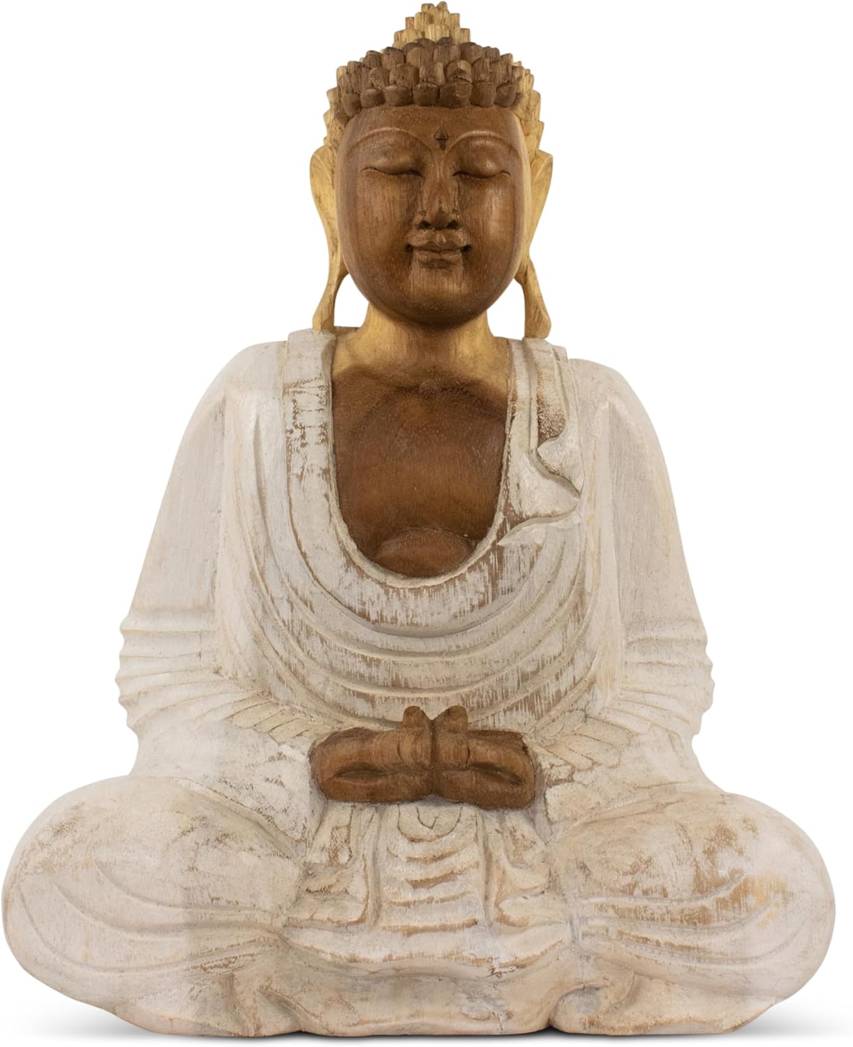 G6 Collection Wooden Handmade Serene Meditating Hands Lap Buddha Art Statue Handcrafted Sculpture Home Decor (8" Tall – Whitewashed)