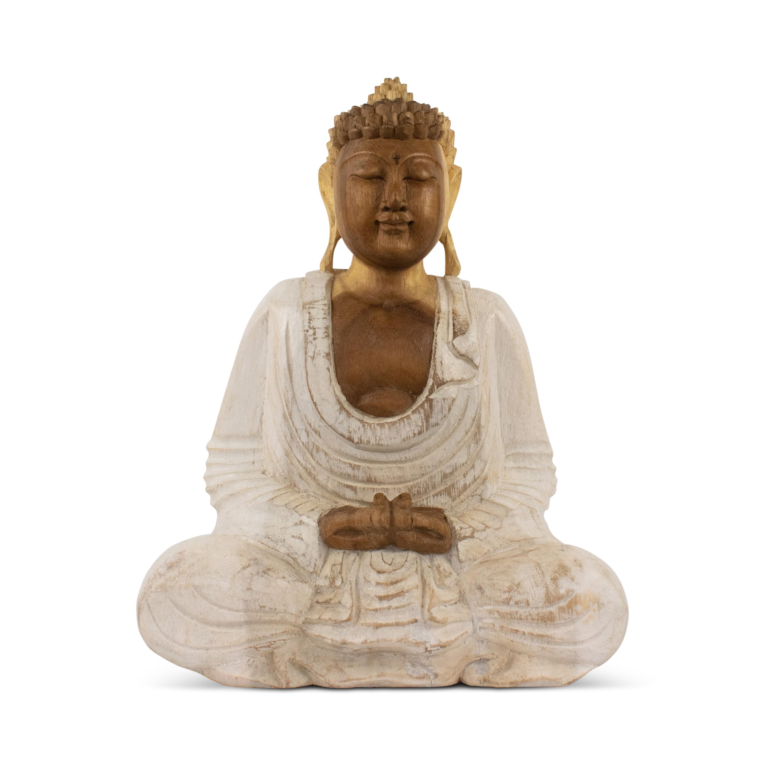 G6 Collection Statue de Bouddha en bois faite à la main en méditation sereine - Sculpture artisanale - Décoration d'intérieur (30,5 cm de haut - Blanchie)