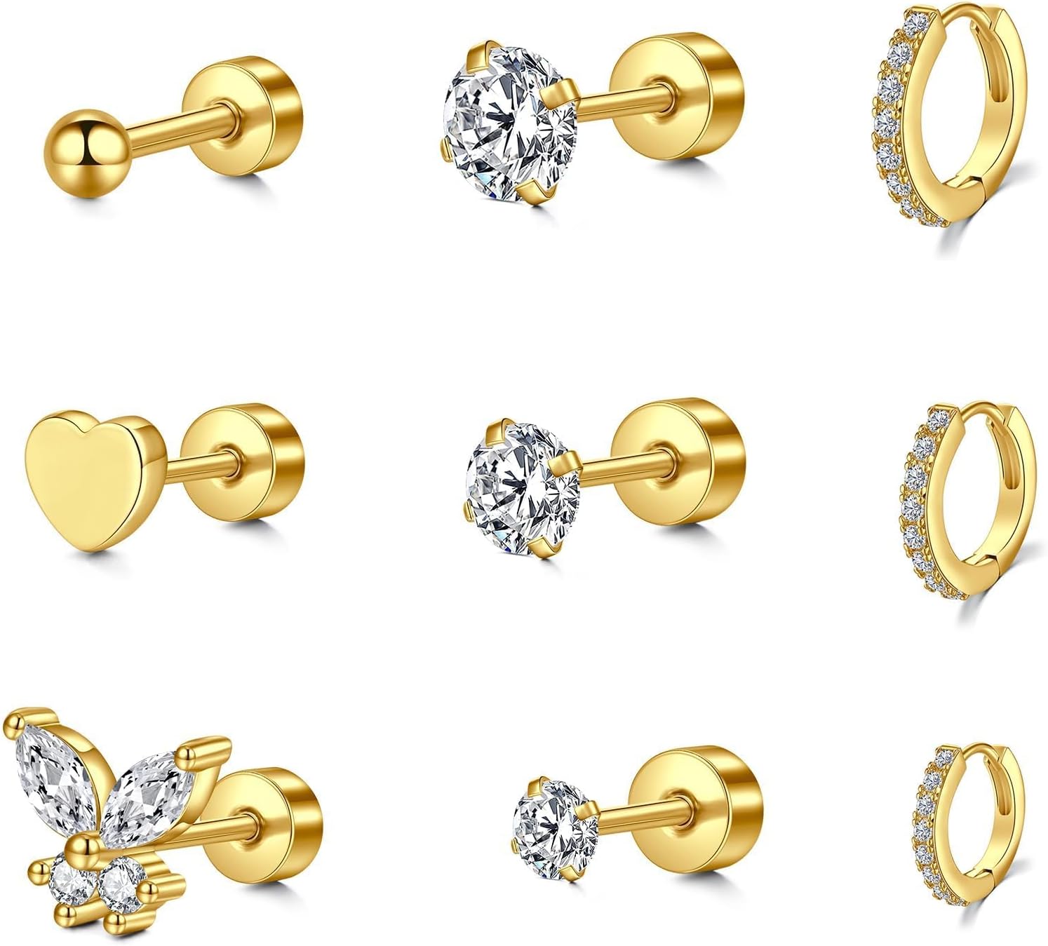 Zolure Cartilage Earrings Flat Back Earrings for Women Cartilage Piercing Jewelry 20g Helix Piercing Jewelry Stainless Steel Stud Earring Set