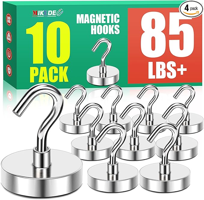 MIKEDE Magnetic Hooks, 85 Lbs Heavy Duty Earth Magnets with Hooks for Cruise Cabin, 10 Pcs Strong Locker Magnetic Hooks for Hanging, Metal Magnetic Hanger for Classroom, Grill, Fridge, Kitchen