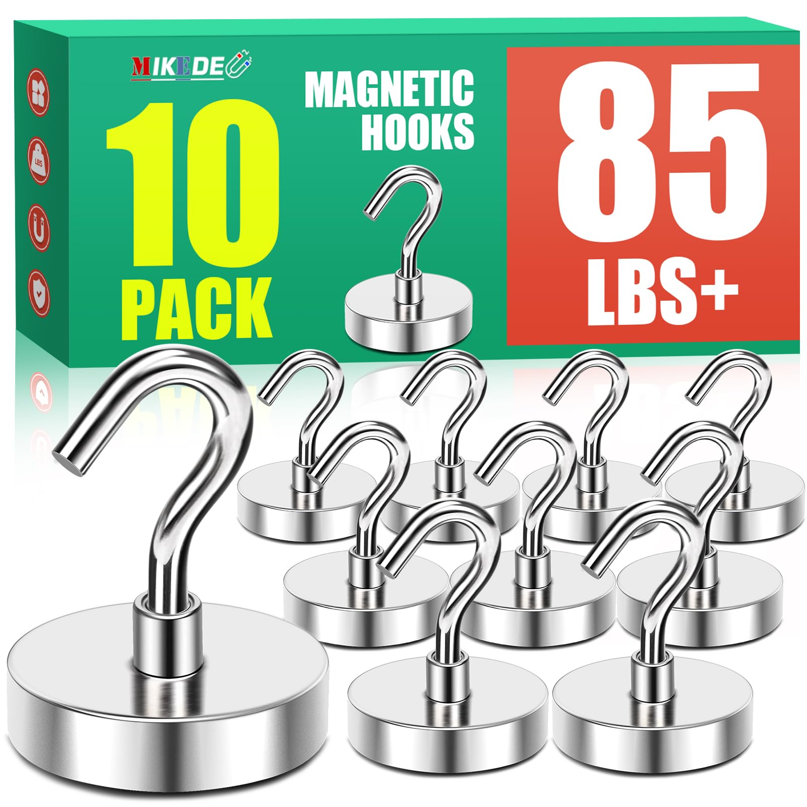 MIKEDE Magnetic Hooks, 85 Lbs Heavy Duty Earth Magnets with Hooks for Cruise Cabin, 10 Pcs Strong Locker Magnetic Hooks for Hanging, Metal Magnetic Hanger for Classroom, Grill, Fridge, Kitchen