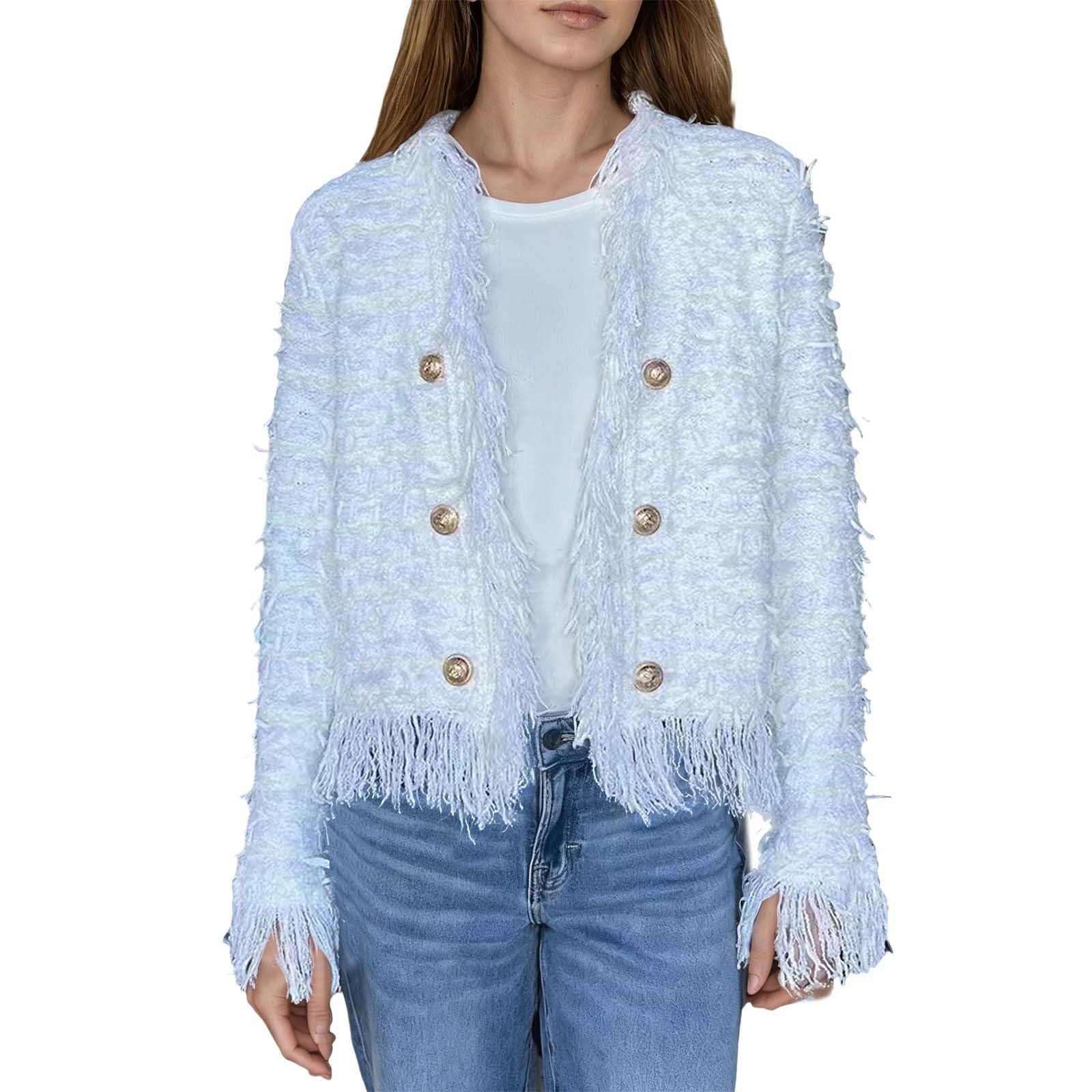Chaqueta Informal Femenina Elegante con Detalles de Flecos y Botones metálicos Decorativos para Temporada
