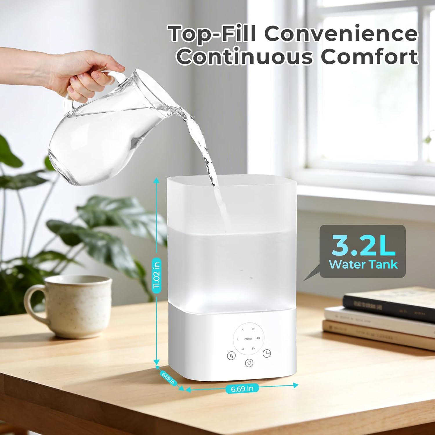 3.2L Cool Mist Humidifiers for Bedroom,Humidifiers for Baby Nursery＆Plants,3 in 1,Top Fill,360°Nozzle,Timer,24DB Quiet,BPA Free,Tap to Operate,White
