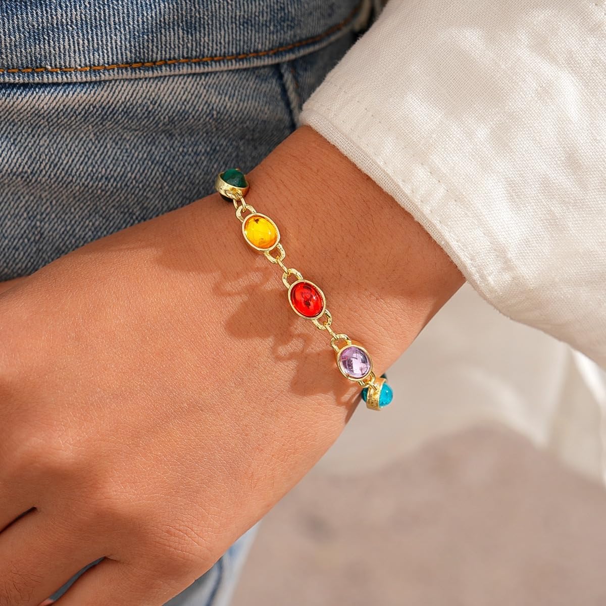 Gold Plated Bracelet for Women with Multicolor Crystals, Adjustable Elegant Charm Bracelet, Boho Jewelry Gift for Her - Image 7