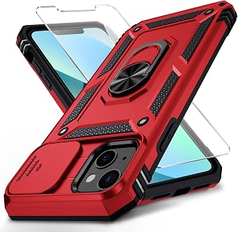for iPhone 13 Mini Case with Slide Camera Cover HD Screen Protector Heavy Duty Military Grade Shockproof Magnetic Ring Holder Kickstand Phone Case for iPhone 13 Mini,Red