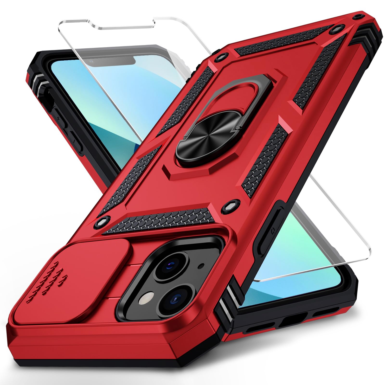 Weycolor for iPhone 13 Mini Case with Slide Camera Cover HD Screen Protector Heavy Duty Military Grade Shockproof Magnetic Ring Holder Kickstand Phone