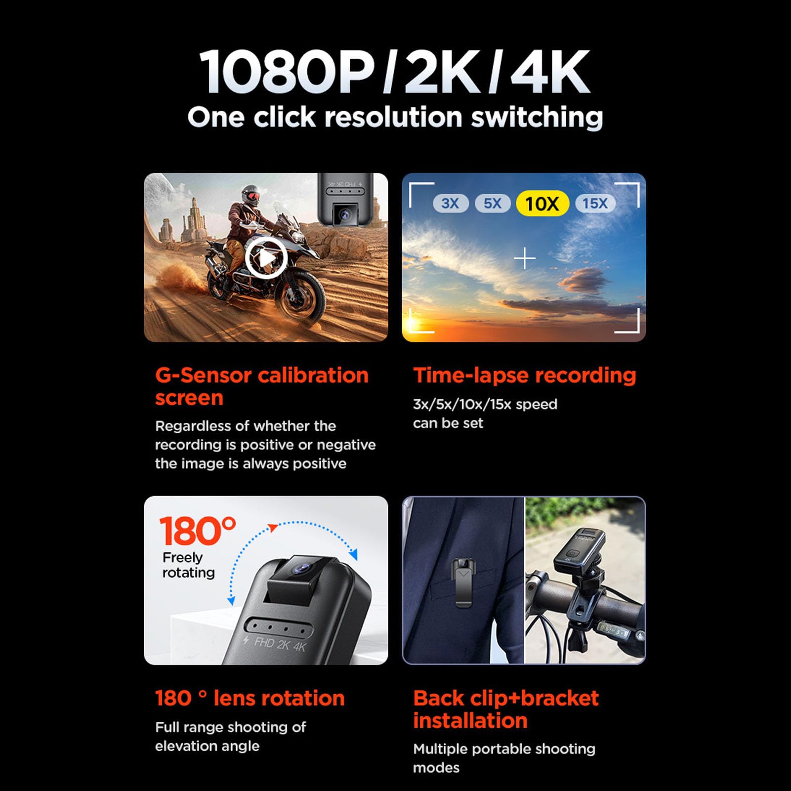 4K Mini Body Camera, Kamera Rozmiaru Kciuka, do Noszenia Kamera Akcji Wideo, 180 ° Rotatable Obiektyw, Nagrywanie Timelapse, do Biegania w Jazdzie na Rowerach Wędkarskich