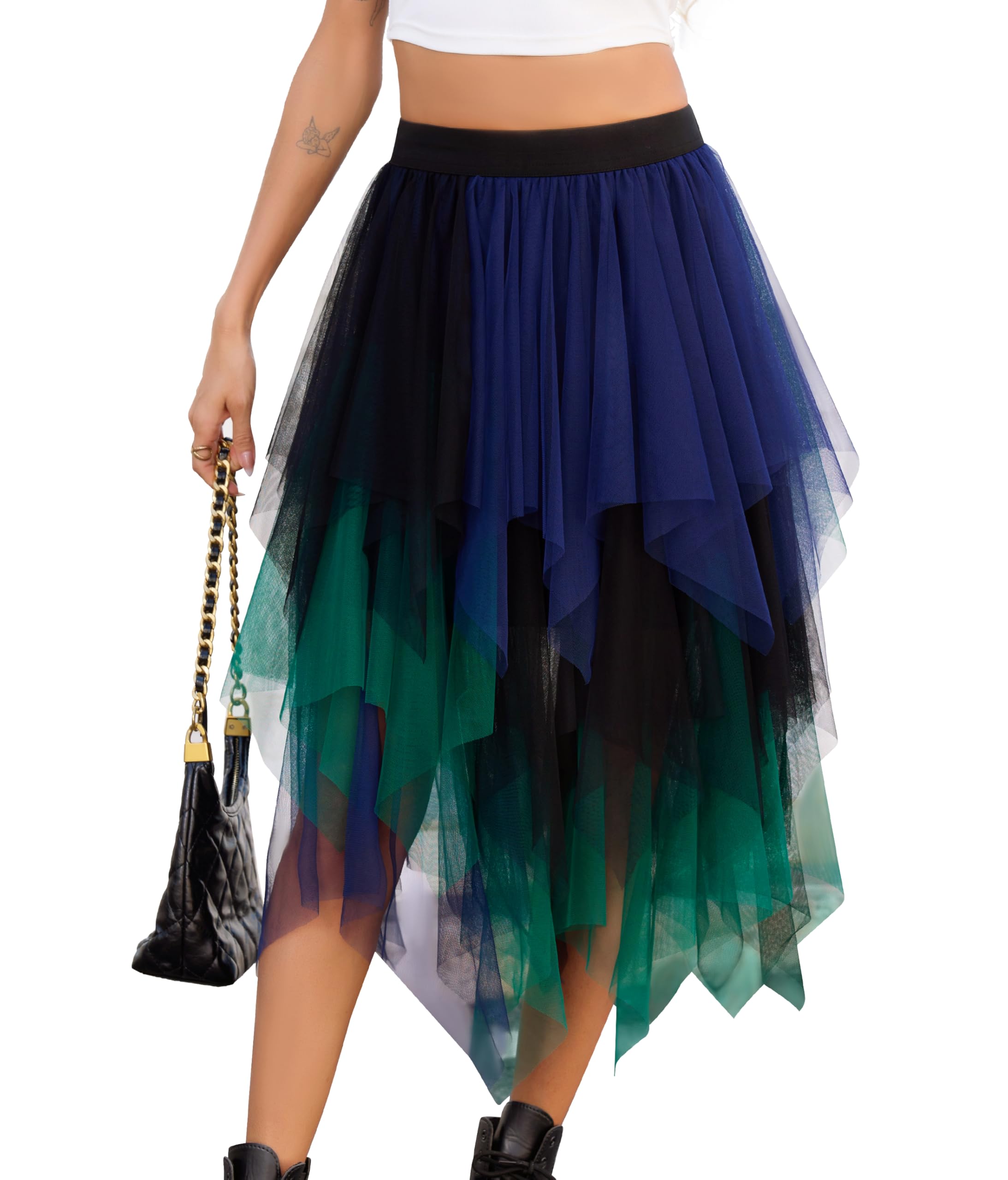 Lovasy Tüllrock Damen Schwarz Knielang High Low Layered Faltenrock Midi Rock A-Linie Unregelmäßiger Puffy Fee Röcke