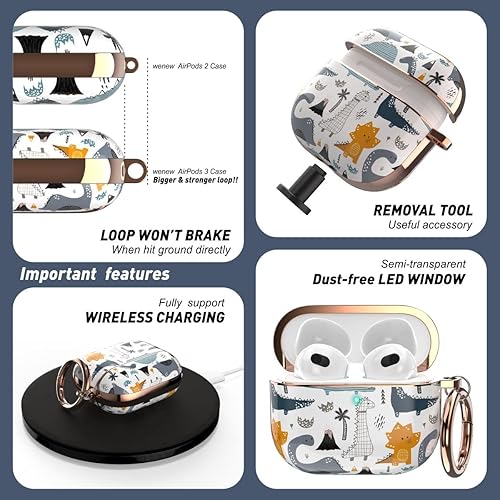 Miniatura 3 de wenew Funda para AirPod 3, AirPods de 3 generación, para mujer, LED, visible, resistente, soporte de carga inalámbrica (Dino)