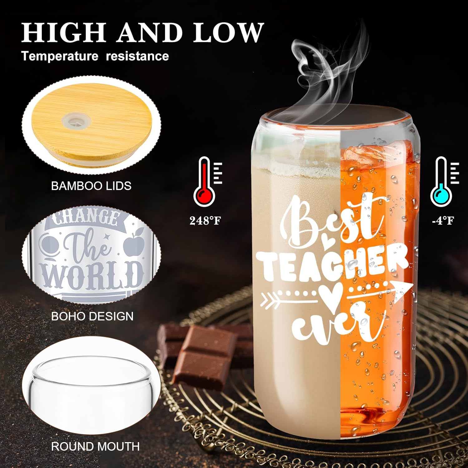 Pickmesh 16 Sets Teacher Employee Gifts for Christmas Teacher Appreciation Graduation Gifts Bulk Week Cups Thank You Cup 16 oz Glass Cups with Lid Straw and Gift Boxes for Students(Classic)