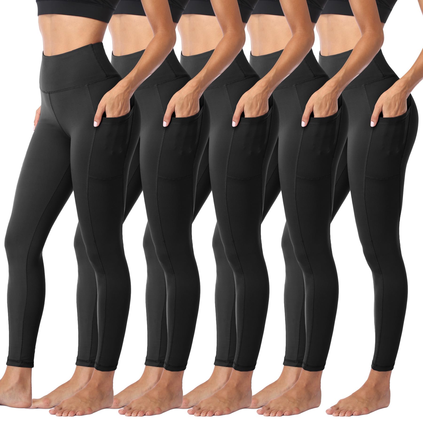 Sundwudu 5 Pack Leggings with Pockets for Women - Tummy Control High Waisted Soft Black Workout Yoga Pants