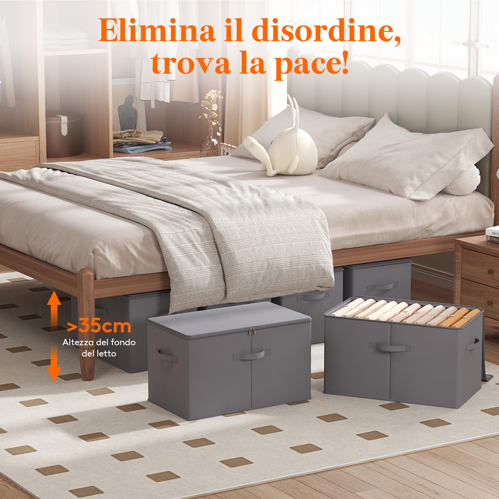 Lifewit Scatole Portaoggetti con Coperchio, Scatole per Armadio Rigide, Contenitori Armadio Salvaspazio con Cerniera per Vestiti, Giocattoli, Grigio, 56×32×33cm, 60L, Set di 6