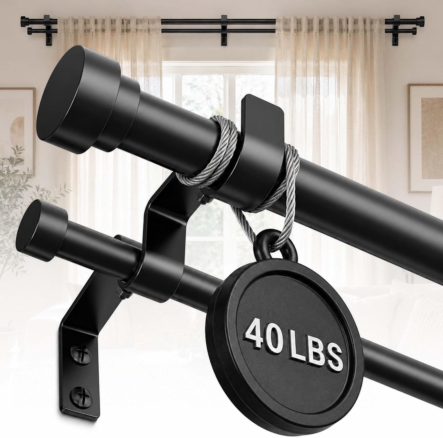 28–144 Inch Adjustable Curtain Rod, Heavy Duty Double Curtain Rod for Windows, Rust Resistant Black Drapery Rod with Brackets and Finials, Supports Up to 40 lbs, Easy Installation