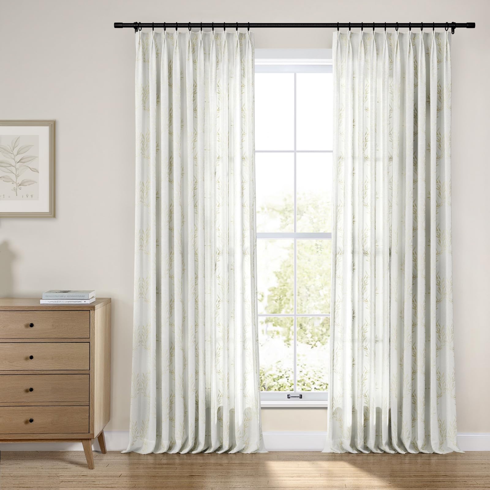 TWOPAGES Pinch Pleat Drape Leaf Pattern Embroidered Curtain Window Treatment for Kids Room Bedroom, Linen Cotton Light Filtering Curtain (Soft Yellow, 52W x 63L Inches, 1 Panel)