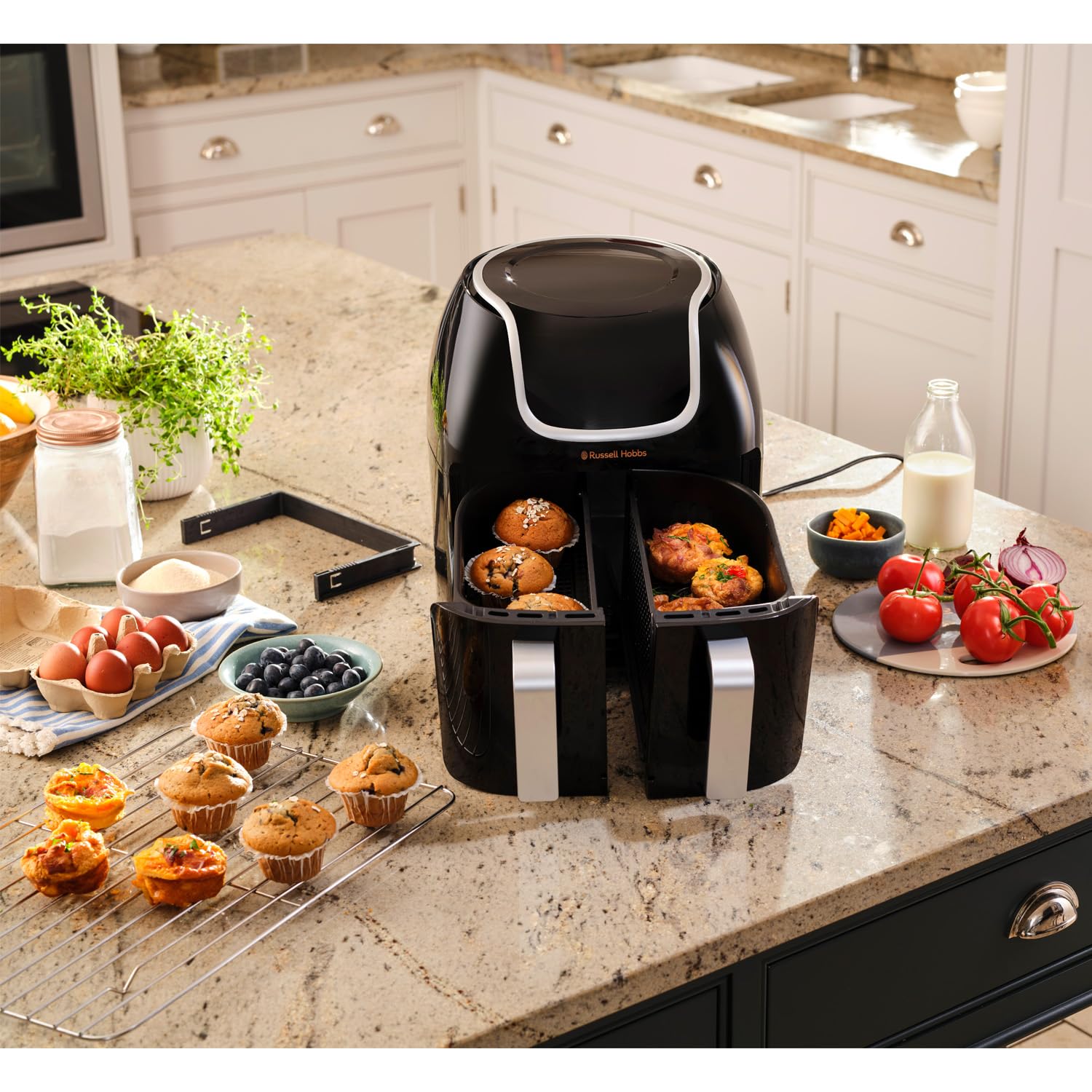 Russell Hobbs Freidora de Aire 8,5 l Doble, Freidora sin Aceite, Dos Cestillos Regulables por Separado, Dietética, Cocción Sincronizable, 8 Programas, Táctil, Digital, hasta 200º C, 27290-56S