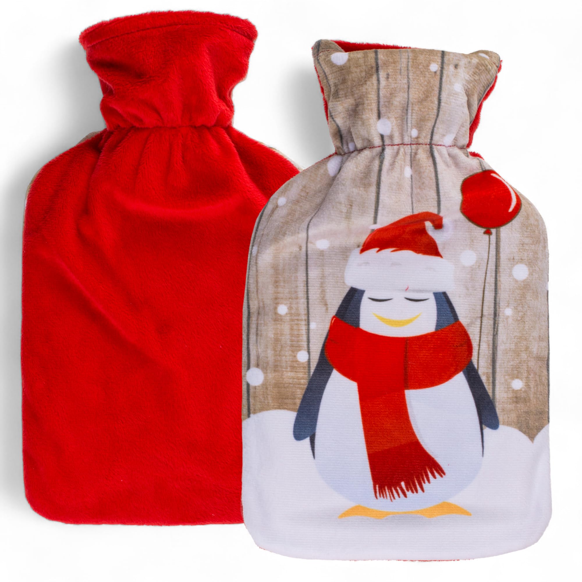 Hot Water Bottle with Soft Cover Approx 1 Litre - Christmas Design - Cuddly & Reusable - Ideal for Warming Up in the Winter Time (Penguin)