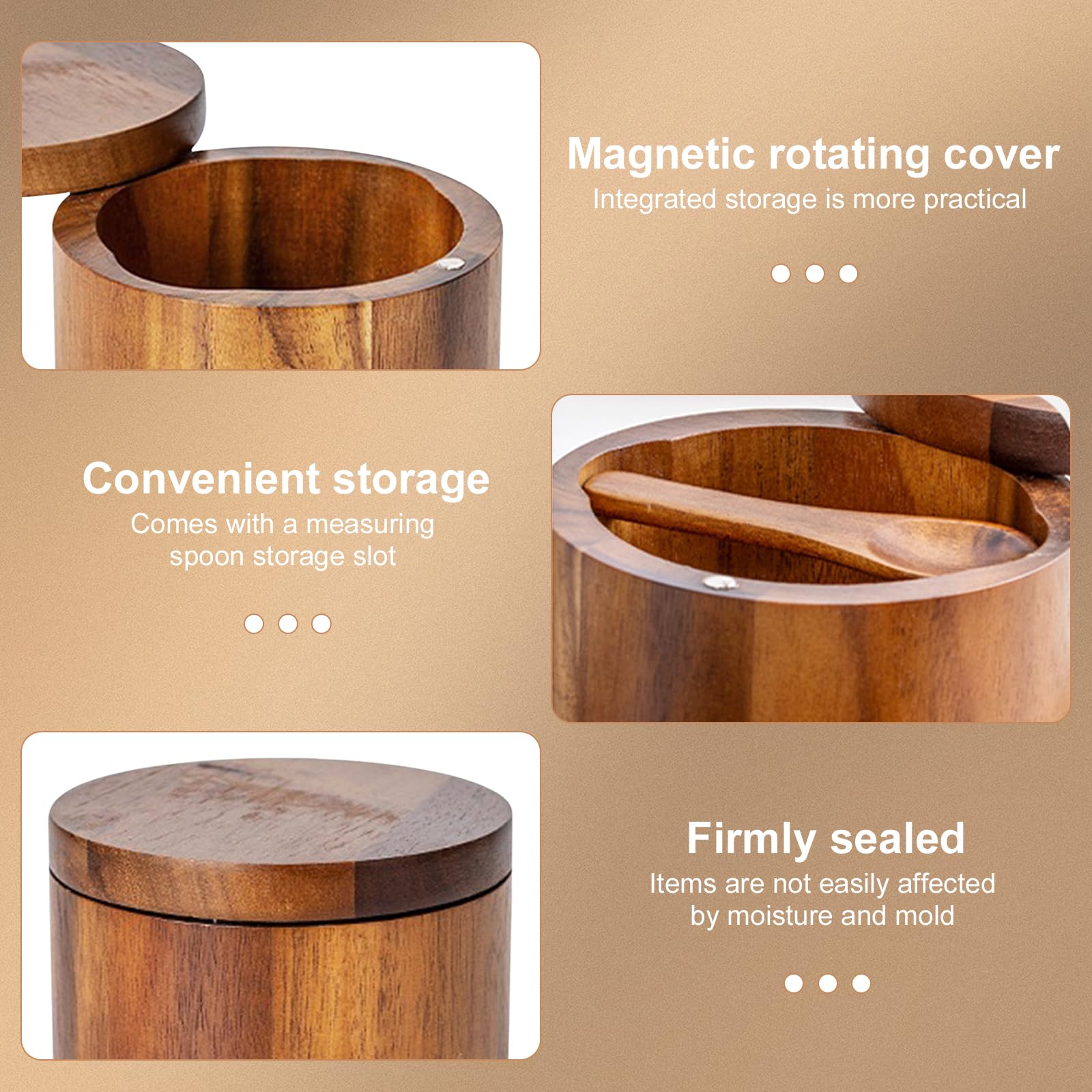 Scatola di Legno per Sale, Barattoli per Condimento in Legno, Scatola Rotonda per Spezie, Porta Sale Legnos, Contenitore per il Sales di Legnos, con Coperchio e Cucchiaio, per Sales, Spezie