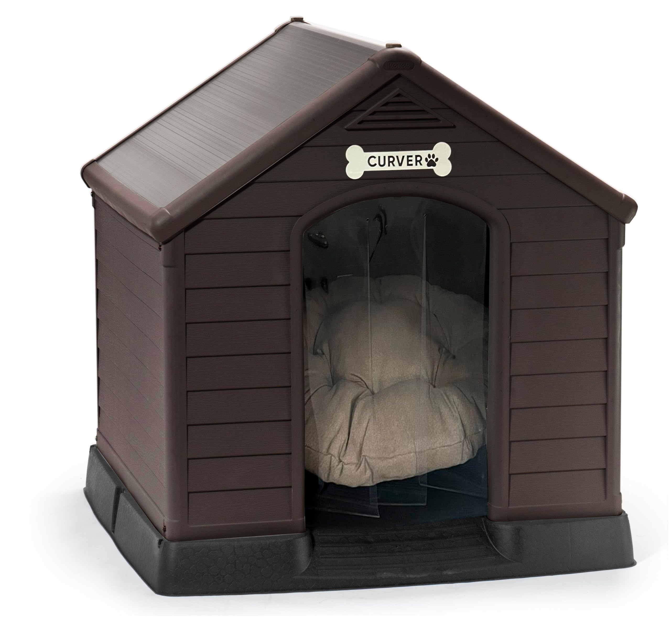CURVER Caseta de Perro marrón grande, incluye cojín, cortina y etiqueta con nombre - Fabricada en resina 99Wx99LxH95 cm
