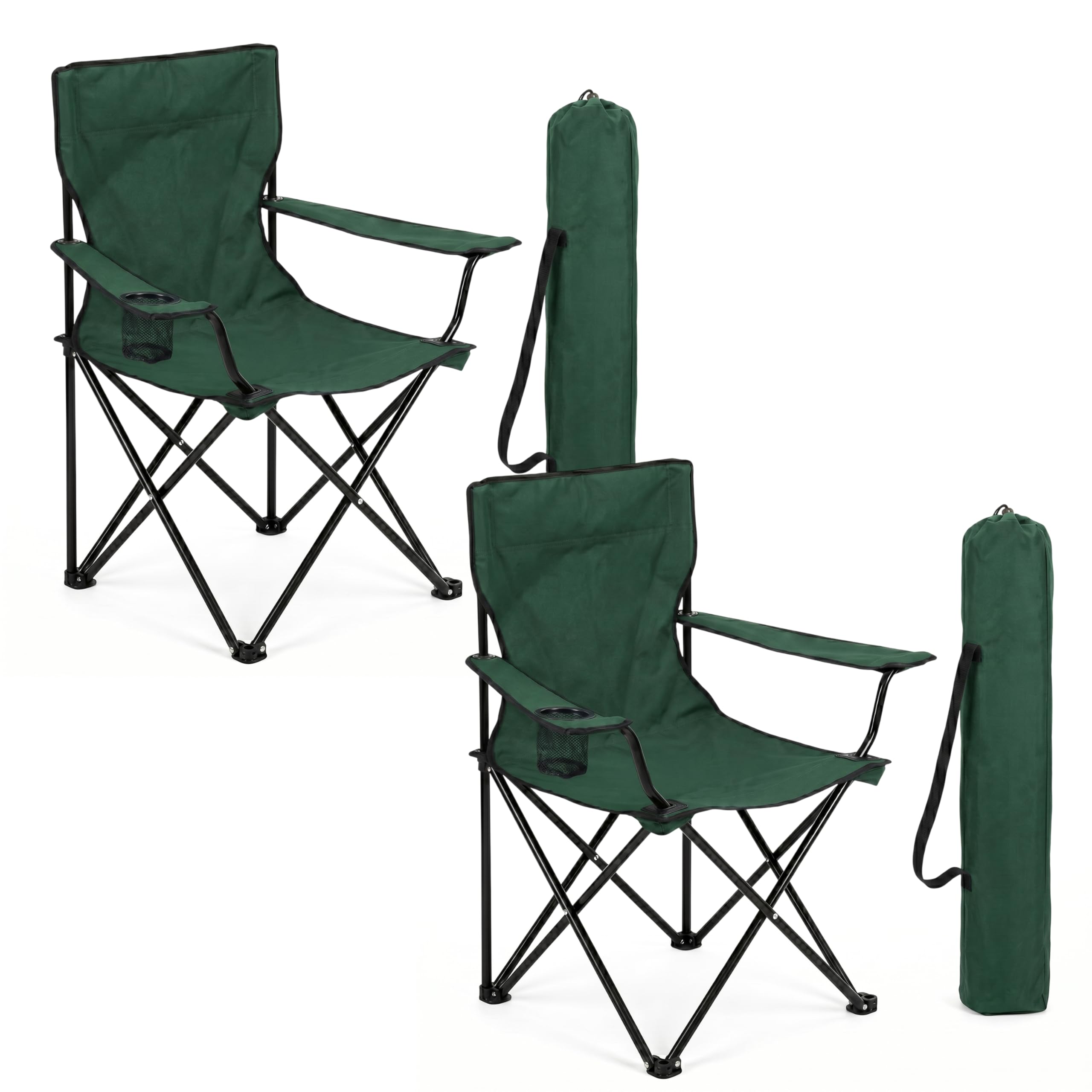 FINE GARDEN Camping Chair With Cary Bag, Lightweight Folding Camping Chair with Cup Holder, Comfortable Design Chairs with Armrests For Outdoor, Professional Travel & Garden Seating (2, Green)