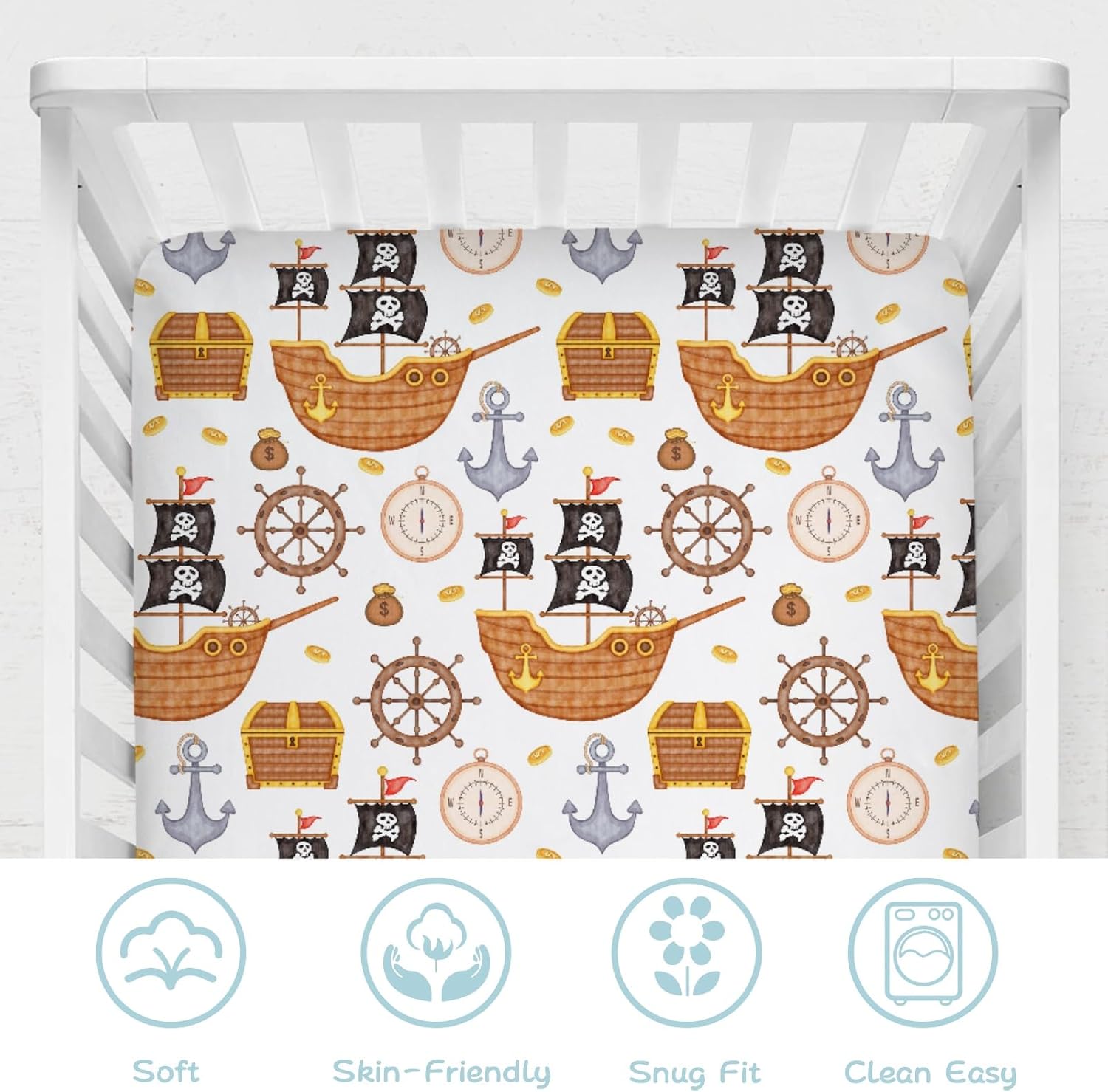 Sea Ocean Baby Crib Sheets 52''x28'' Pirates Ship Compass Anchor Rudder Snug Fitted Crib Mattress Cover for Boy Girl Nautical Life Soft Nursery Bed Sheets for Standard Crib and Toddler Mattresses