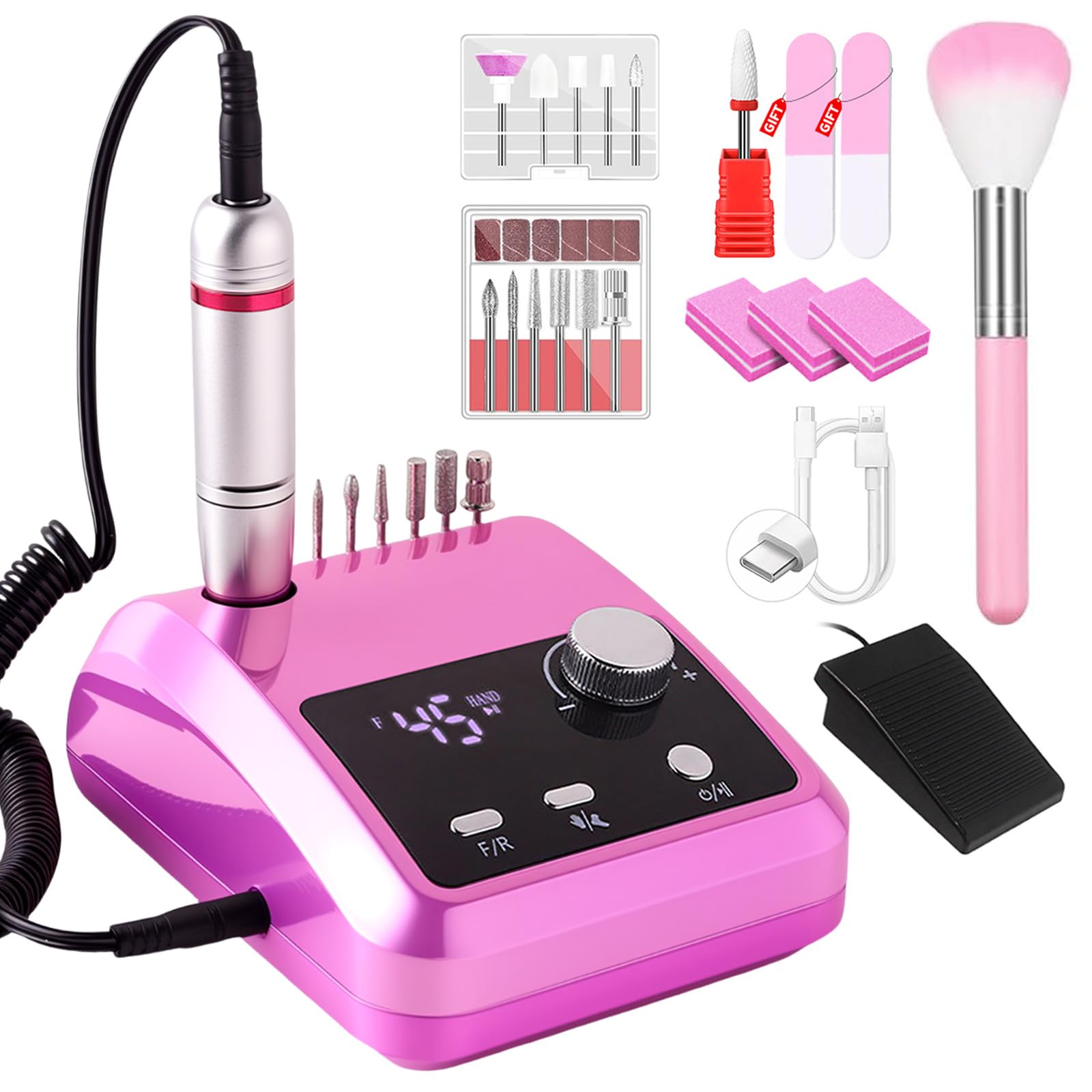 CozyZen Taladro de Uñas Eléctrico Profesional | 45000 RPM, Lijadora con Pantalla LCD, Control Manual y de Pie, Bajo Ruido para Uñas Acrílico/Gel, Manicura y Pedicura