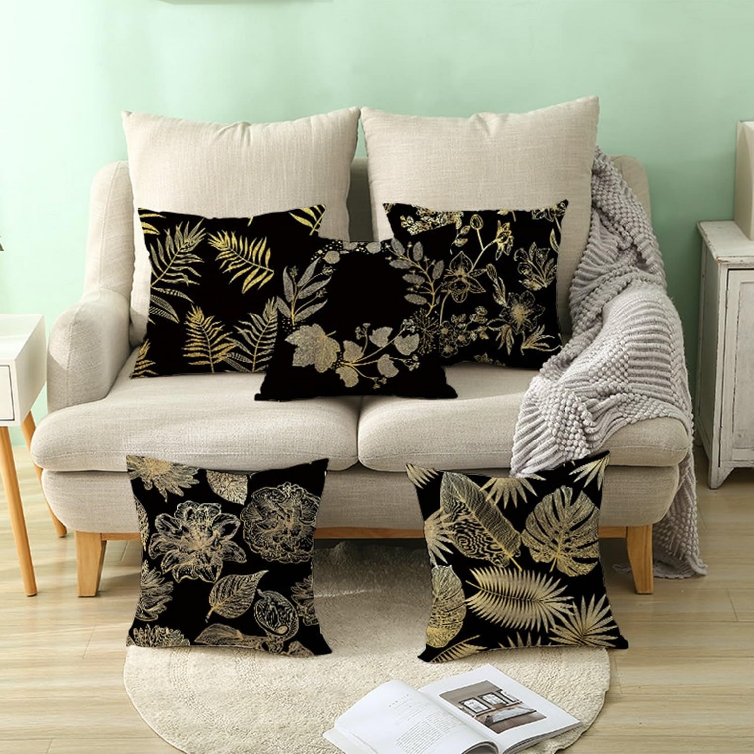UNZYE Seidengewebe Kissenbezüge Kuschelig Kissenbezug Dekokissen Blatt Kissenbezüge Klein Kissenhülle Klein Premium-Luxus Zierkissenbezüge Schwarzes Gold 4Pcs, 50x50 cm Küche, Haushalt & Wohnen