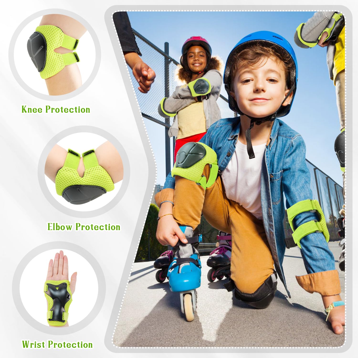 Kids Knee And Elbow Pads ,6pcs Wrist Guard Knee And Elbow Pads for Children Kids Sports Protective Gear Set including Mesh Bag for Skateboard Roller Skating - Image 2