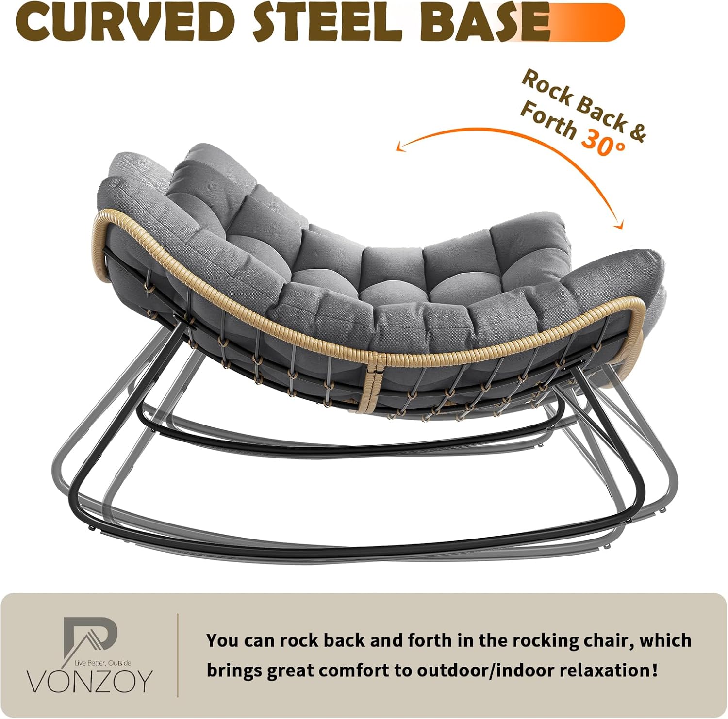 Outdoor Rocking Chair, Indoor Papasan Chair, Oversized Egg Rocking Chair with Thick Cushion, Rattan Wicker Rocker Lounge Chair for Bedroom, Living Room, Patio, Garden, Porch (Dark Grey)