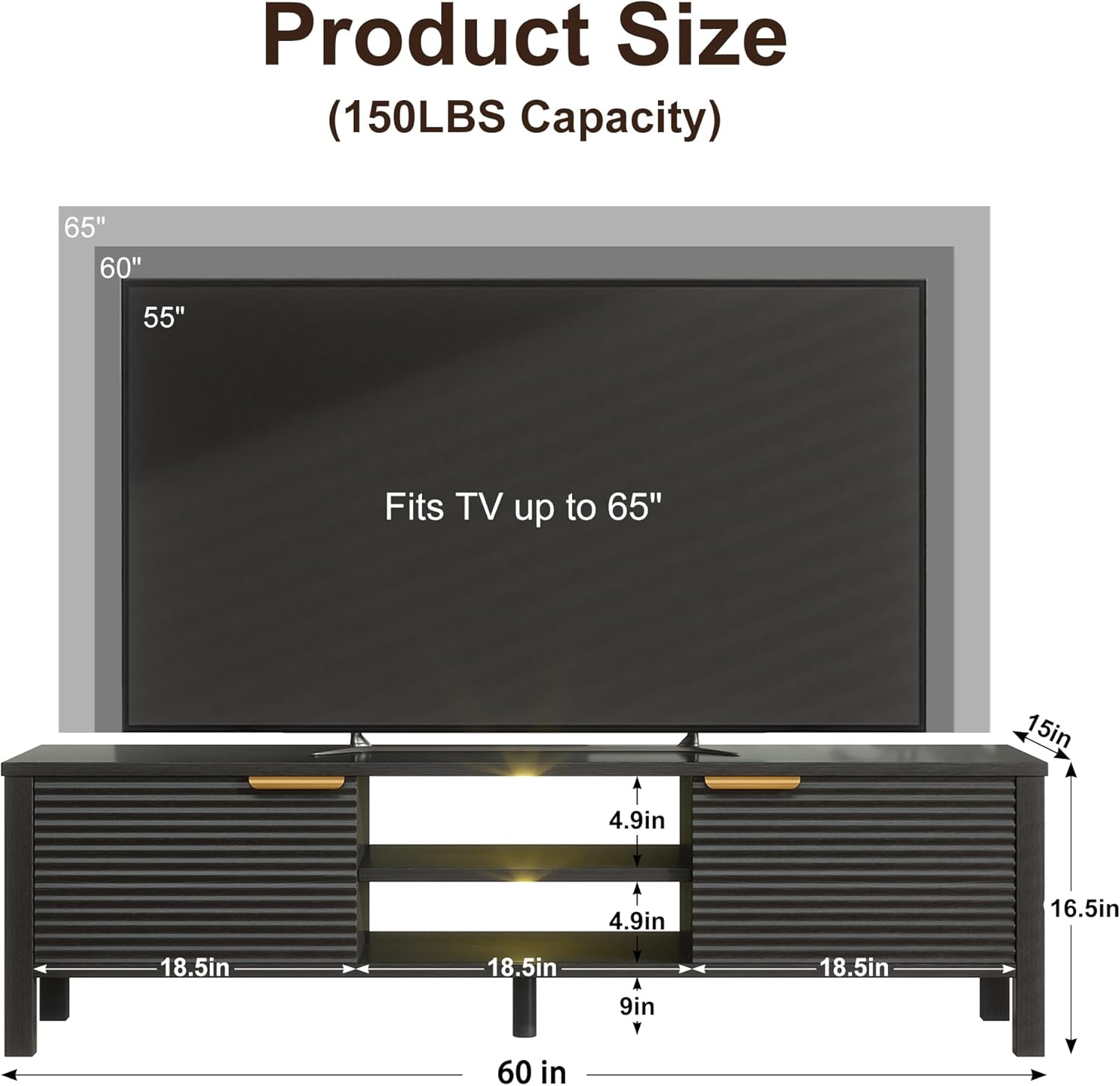 TV Stand for 55 60 65 inch TVs, Mid Century Modern Entertainment Center with Storage, LED Puck Lights, Sliding Door Cabinets & Open Shelves, Fluted TV Console Table for Living Room, Black