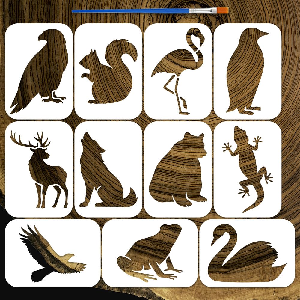 FINGERINSPIRE 11pcs Animal Silhouettes Stencils with Paint Brush 14.8x10.5cm 11Styles Animals Pattern Painting Stencils Birds Stencil Deer Stencil Animal Theme Template for Painting on Wood Wall