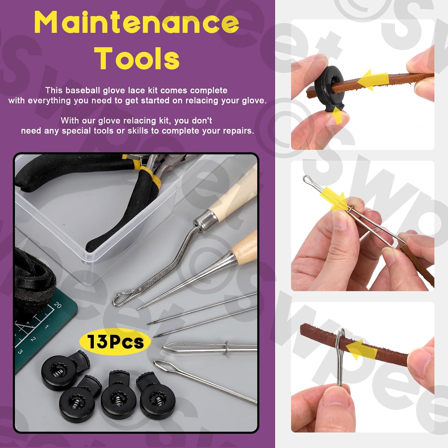Swpeet 14Pcs Baseball Glove Tool Kit with Baseball Glove Laces/Locks Drawstring Threader Tweezer U Wire Needle Scratch Awl Leather Cutter Long Nose Pliers and Awl with Hook for Baseball Lovers