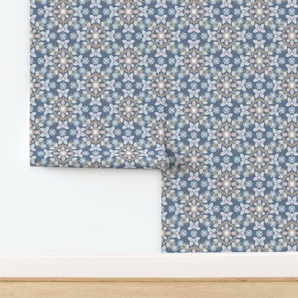 Spoonflower Commercial Grade Wallpaper 27ft x 2ft - Snowflake Blue Diamonds Winter Christmas Ornament Traditional Wallpaper