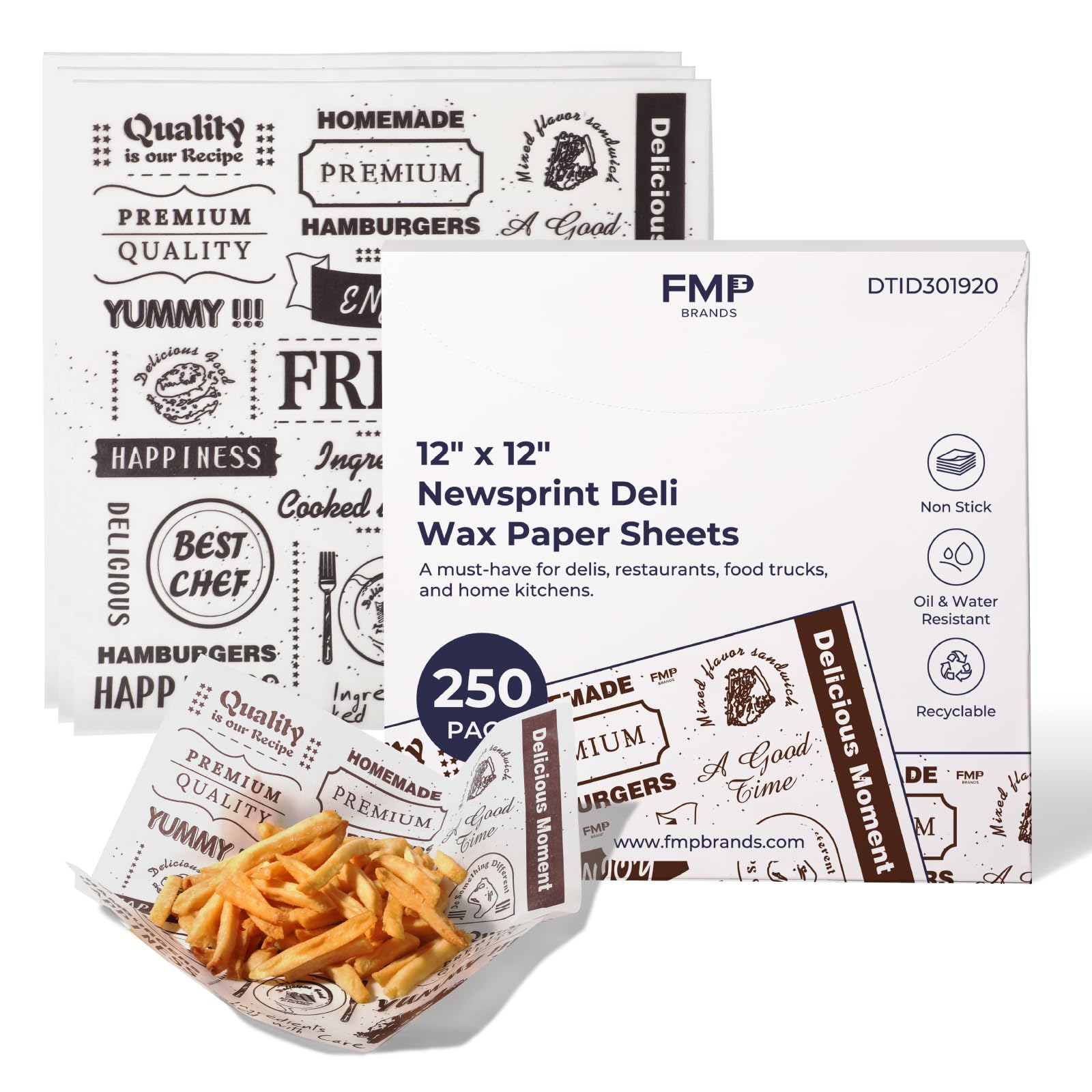 [250 Sheets] 12x12" Deli Paper Sheets, Newsprint Dry Waxed Paper, Waterproof Sandwich Wrapping, Grease-Proof Wax Paper for Food Basket, Picnic, Barbecue, Restaurants, Burgers, Fries