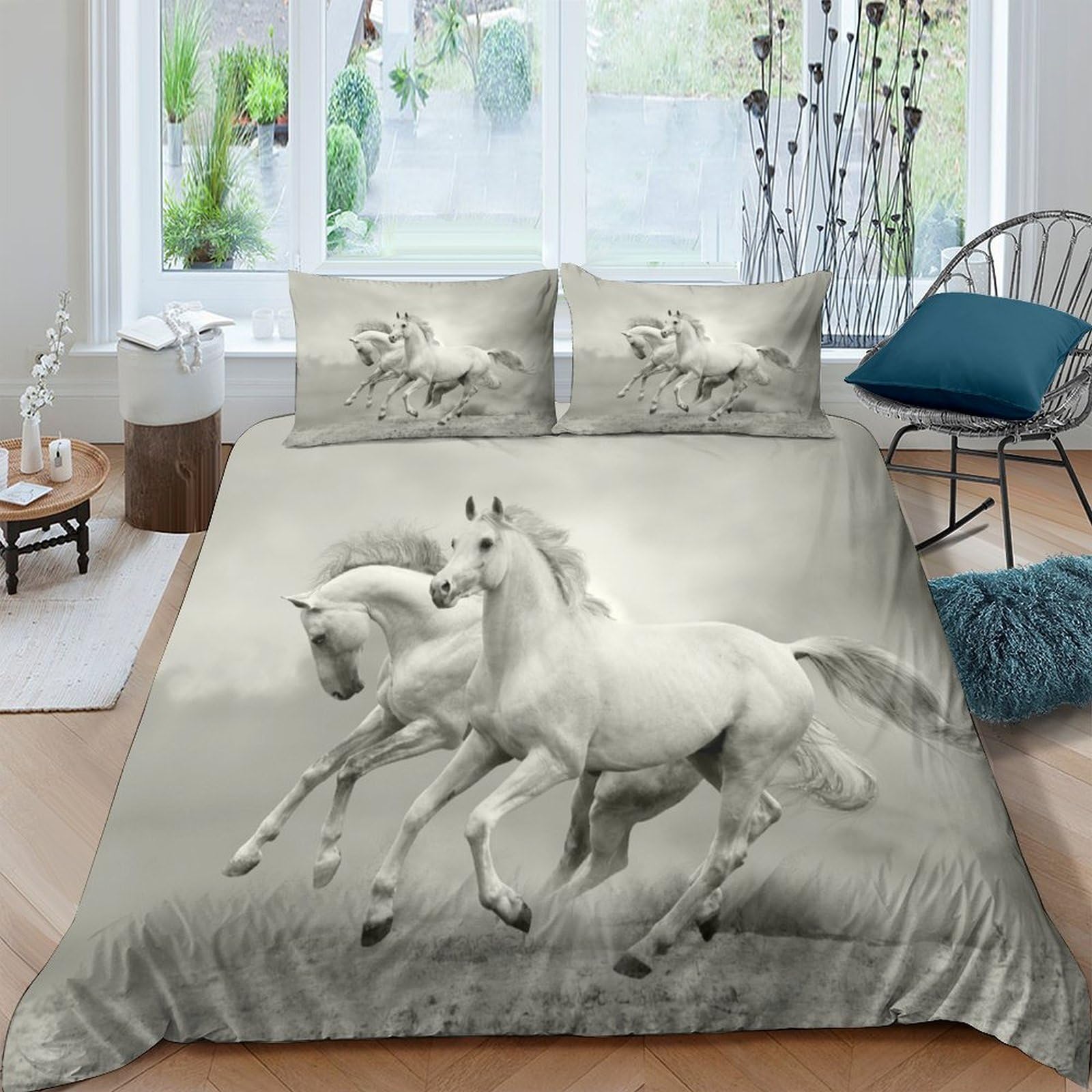 Ctjqhvkz Style-6 3D Printed White Galloping Horse Fitted Sheet Microfiber Soft Bed Cover For Bedroom Decor Anti-Slip Machine Washable Single（135X200cm）