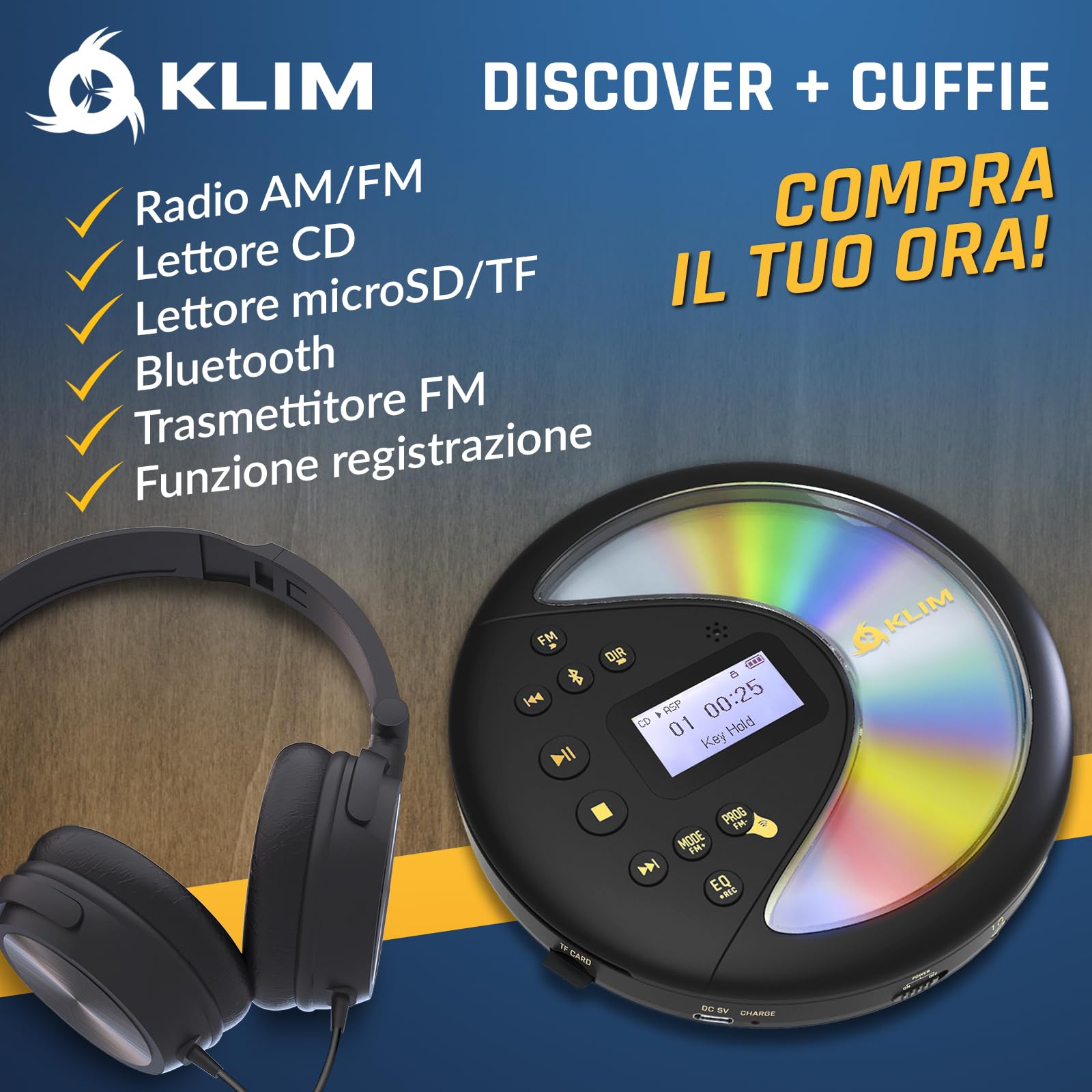 Lettore CD HiFi portatile KLIM Discover - Radio FM Nero/Oro - Dettaglio
