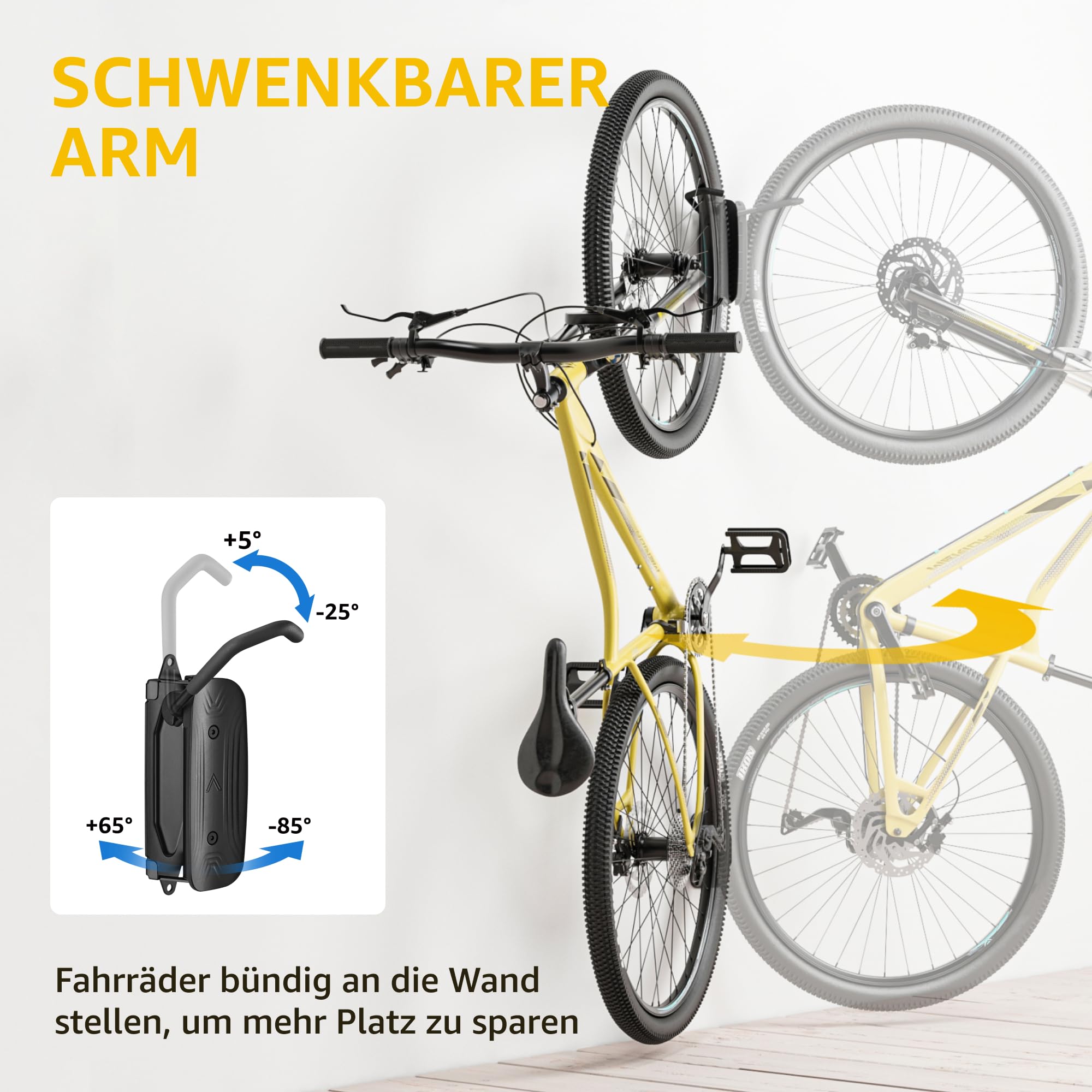 monTEK Schwenkbare Fahrrad-Wandhalterung, Fahrradaufhänger für die Garage, Wandhalterung für Fahrräder, Platzsparender Stabiler Wandfahrradstände