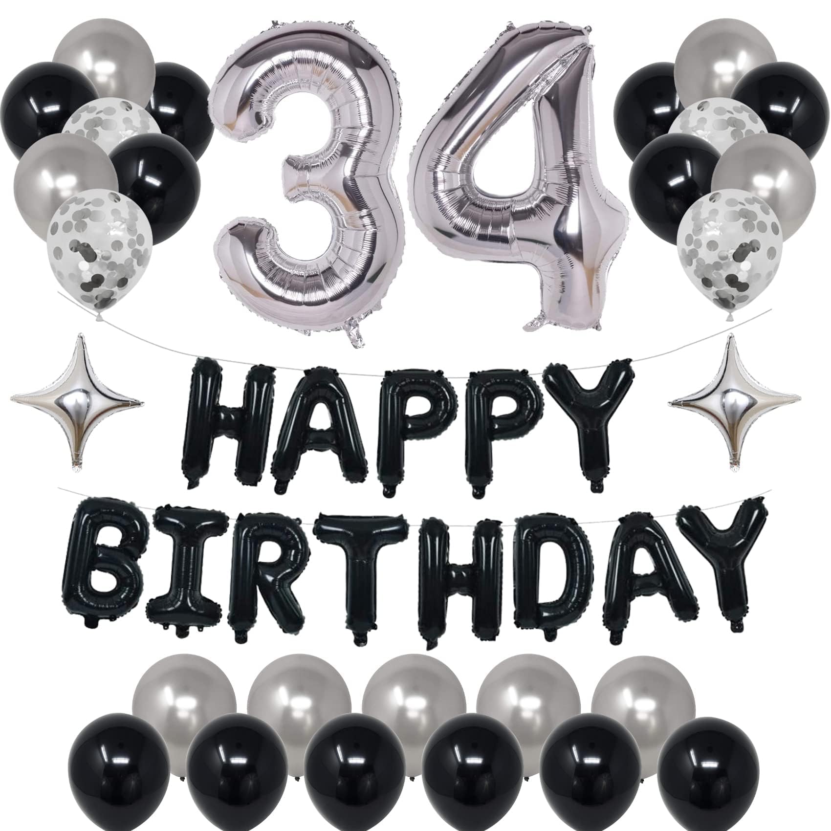 NANINUNENO 34th Black Silver Birthday Party Decorations for Men Women, Happy 34 Birthday Party Supplies with Black Happy Birthday Banner,34 Number