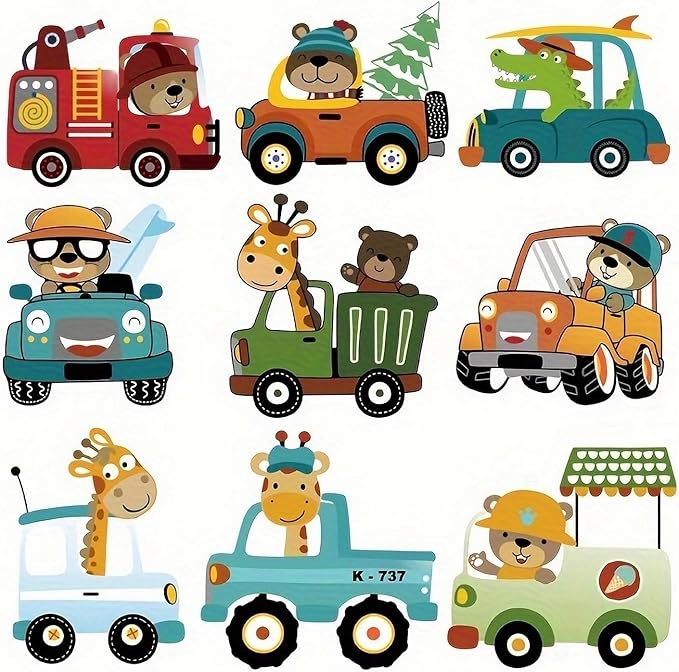 1 Sheet of Cartoon Car Animal Heat Transfer Stickers Cute