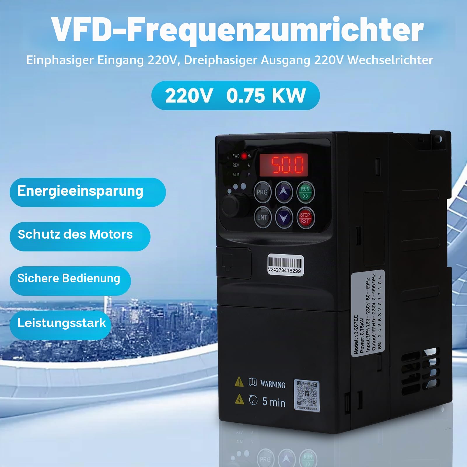 0.75KW Frequenzumrichter 230V Einphasiger 220V-Eingang Dreiphasiger 220V-Ausgang VFD Frequenzumrichter CNC Frequenzumrichter Abnehmbare Schalttafel Modell V3-207EE (mit 1.5m Verlängerungskabel)