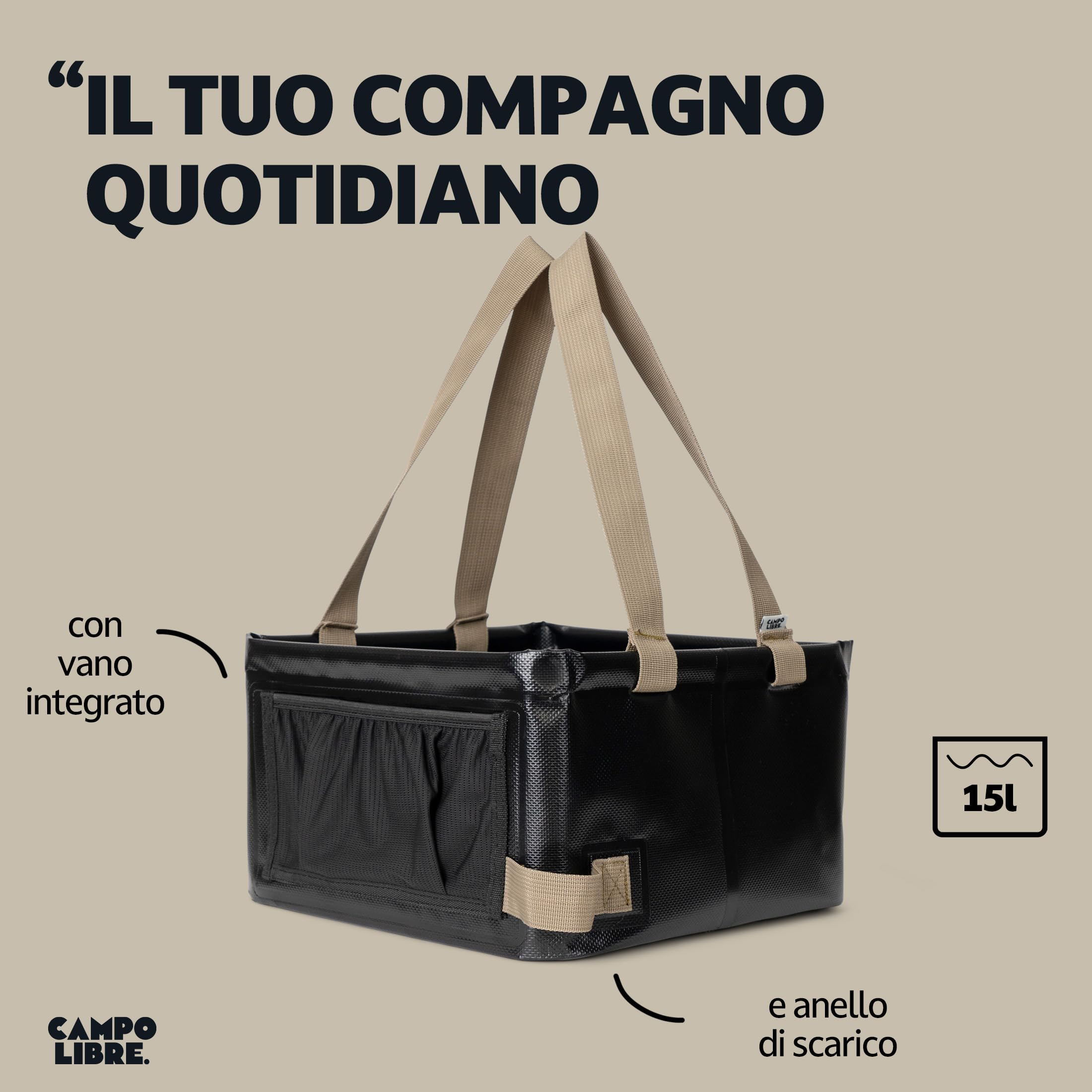 Campo Libre.® Carlo I - Ciotola pieghevole da campeggio, con manici lunghi e vano portaoggetti, compatta e pieghevole, per stoviglie da campeggio, 15 litri