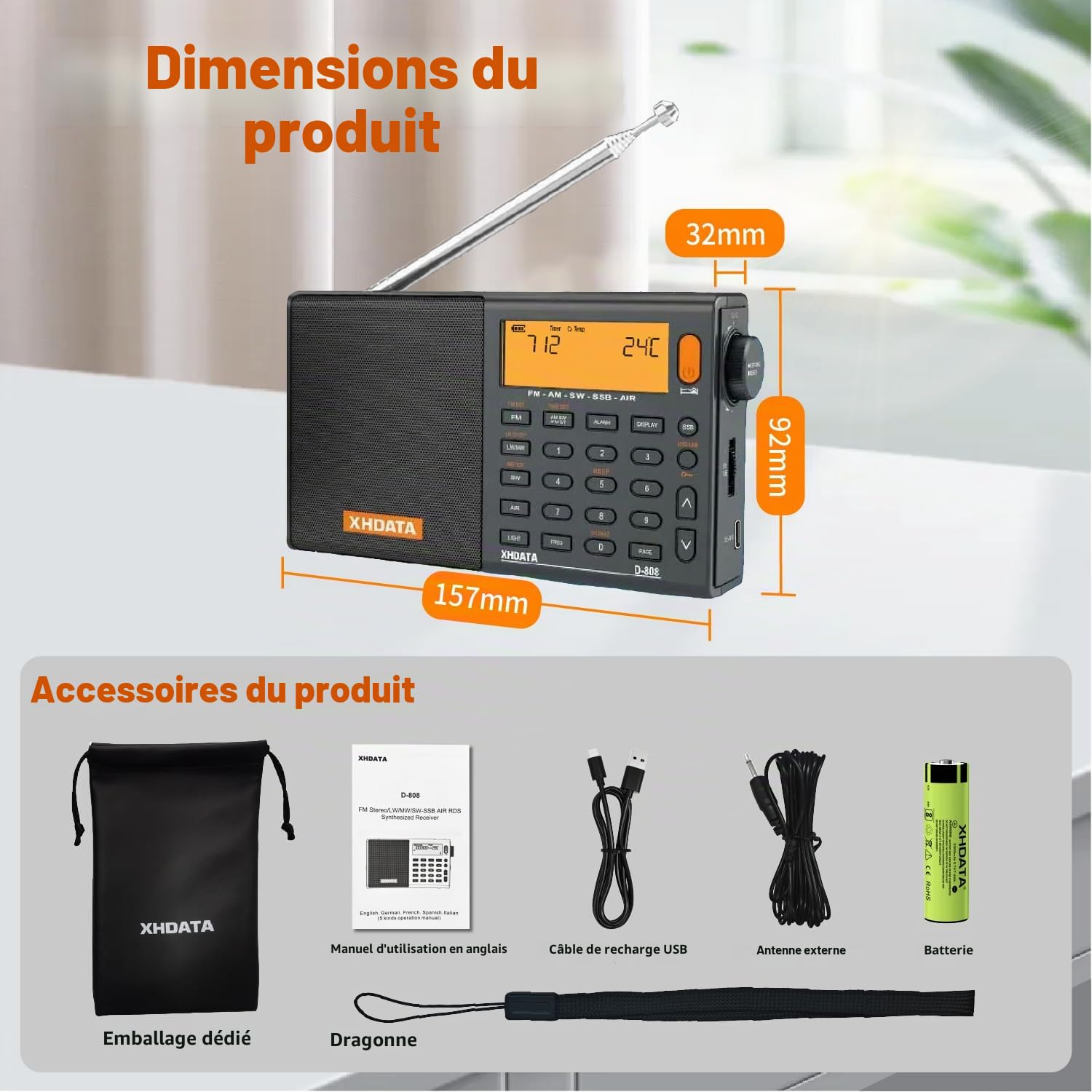 XHDATA D-808 Portable Radio Numérique FM Stéréo/SW/MW/LW SSB RDS Bande Air Band Multi Haut-Parleur avec Affichage LCD Réveil Antenne Externe et 2000mah Batterie (Gris)