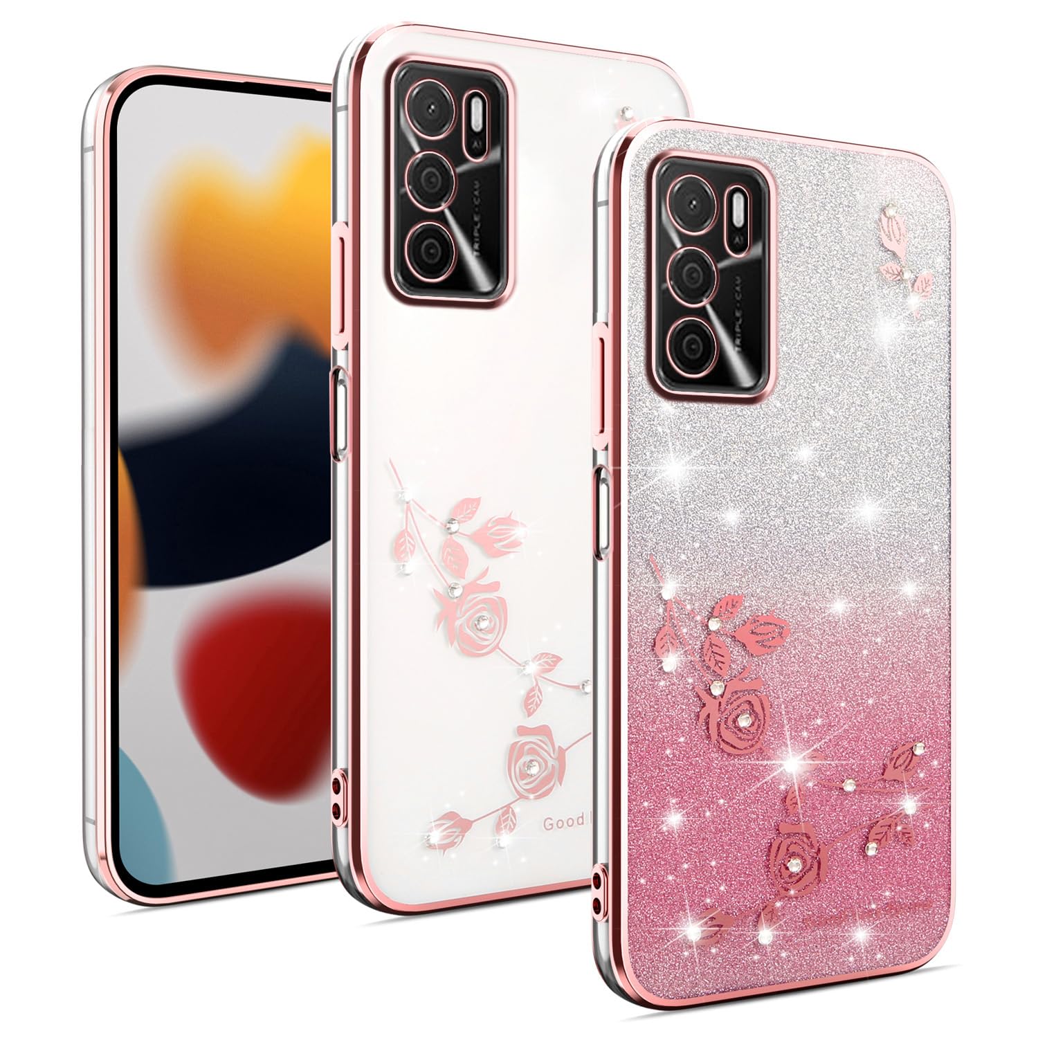 YUEQIAN Cover Glitter per OPPO A16/OPPO A16s/OPPO A54s, Ultra Sottile Brillantini Molle TPU Silicone Antiurto Custodia, Moda Brilla Diamante Fiori Donna Trasparente Case. Rosa