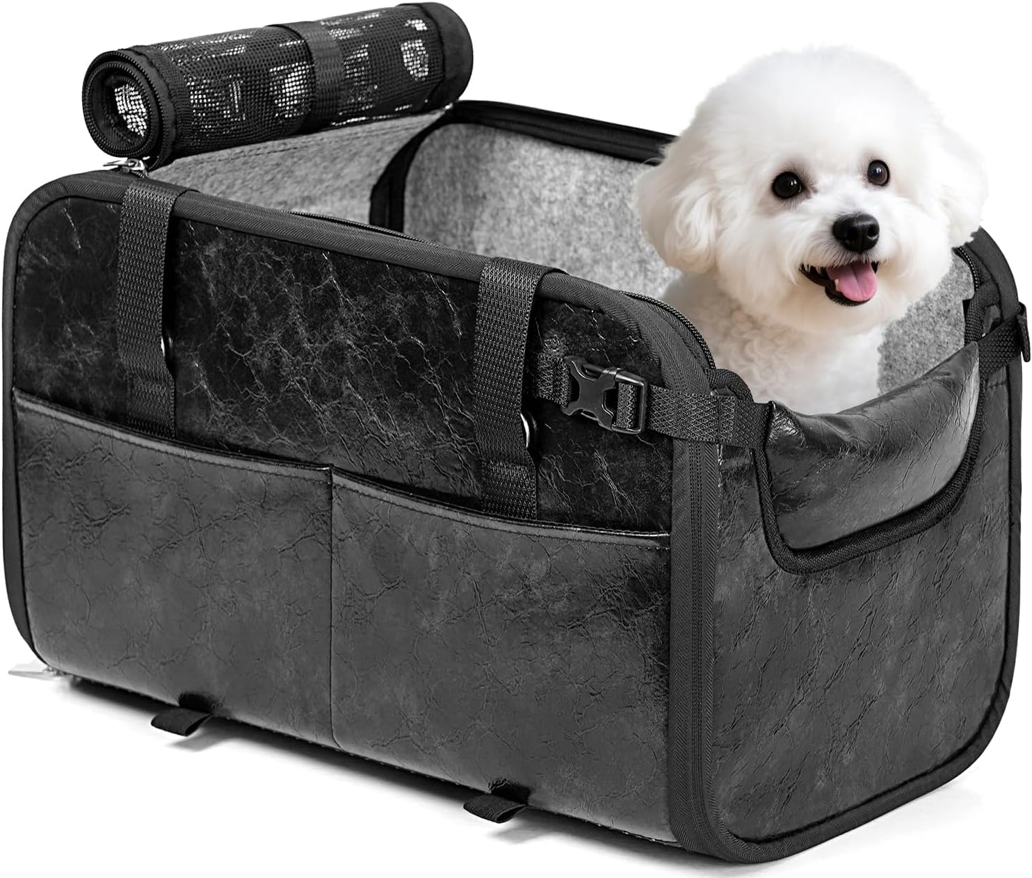 YUDODO Large Dog Car Seat for Center Console (Width >9.5in) Fits 10-20lbs Portable Travel Pet Car Seats with Safe Protective Hooks, Anti-Slip Pet Armrest Booster Seat, Premium PU Leather (Black)