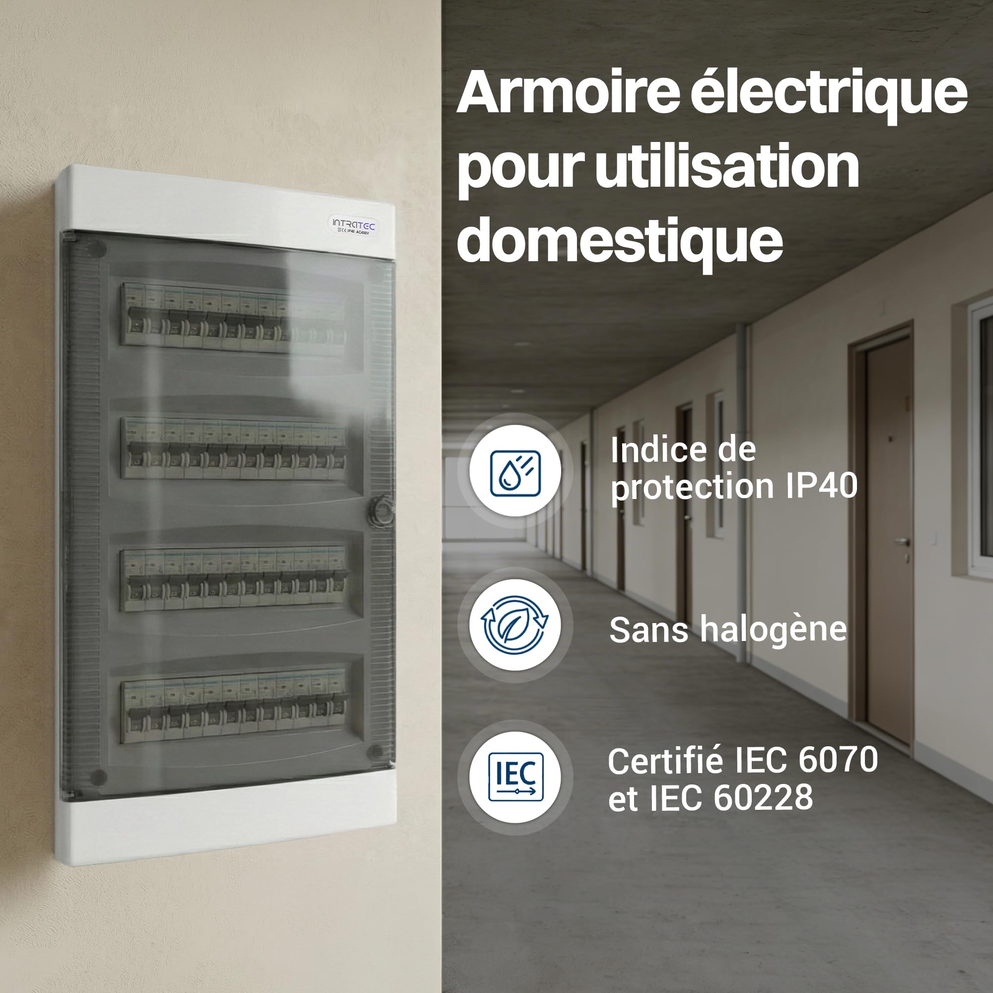 Intratec Coffret de Distribution Encastré 4 Rangée – Coffret IP40 pour 48 Modules avec Porte Transparente et Rail pour Installation Électrique Facile à Domicile & en Entreprise – 676 x 283 x 106mm