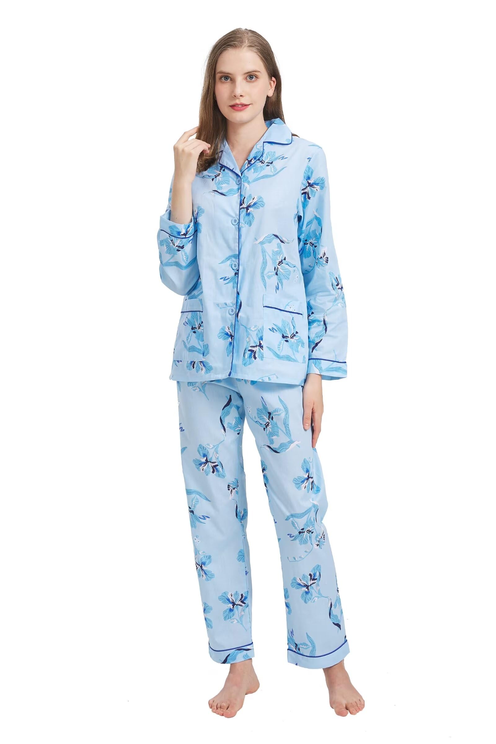 Amaxer Women's 100% Cotton Long Sleeve Button Pajama Set With Drawstring Pants - Purple Floral (X-Large)