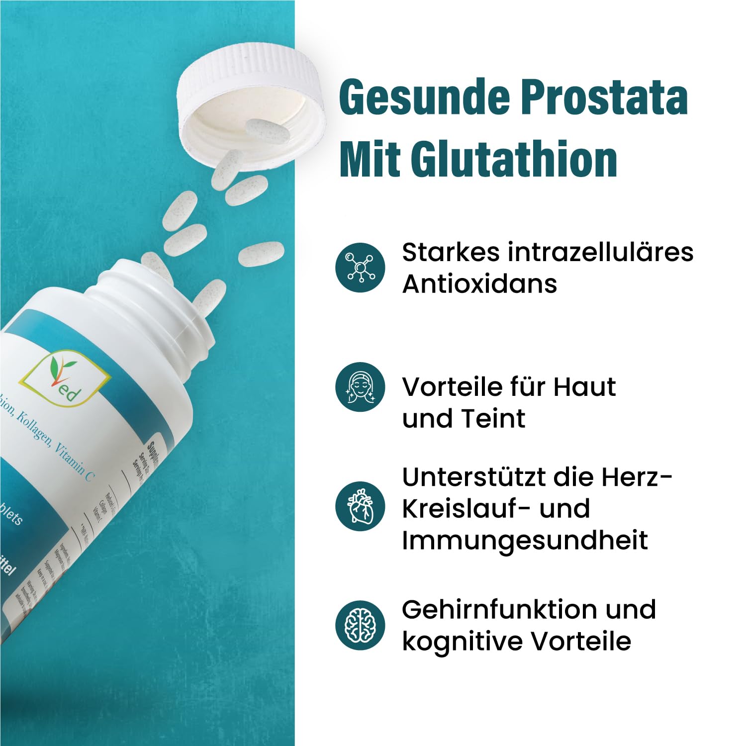 VED Reduziertes L-Glutathion, Kollagen, Vitamin C Tabletten | 1000 mg x 90 Tabletten