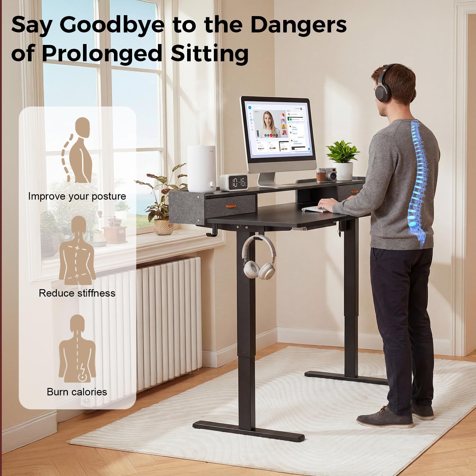 Electric Standing Desk with Drawers 63 Inch Height Adjustable Desk with Power Outlets LED Lights Sit Stand Table — view 4